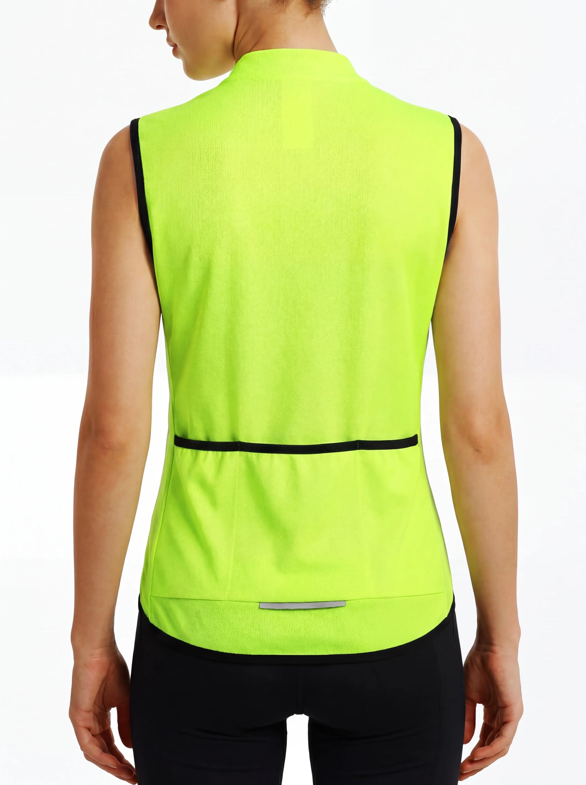 QUALICOS Women's Cycling Vest yellow back view with rear pocket, reflective strip and black trim