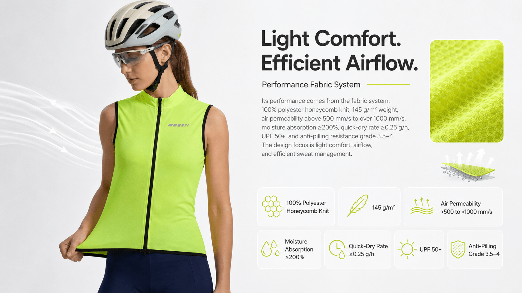 QUALICOS Women's Cycling Vest yellow lightweight full-zip vest with honeycomb knit fabric and efficient airflow