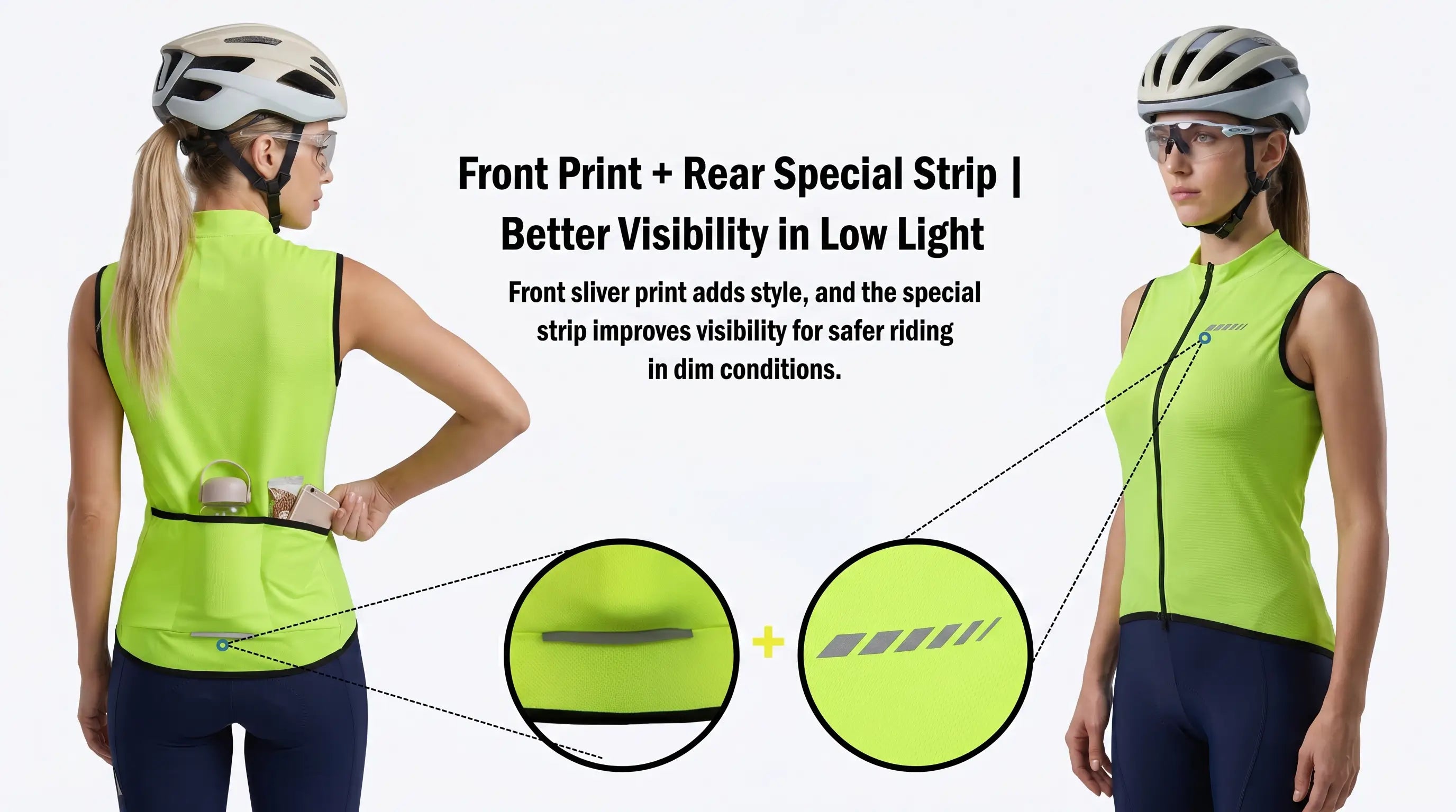 QUALICOS Women's Cycling Vest yellow front and back view with reflective chest print, rear strip and storage pockets