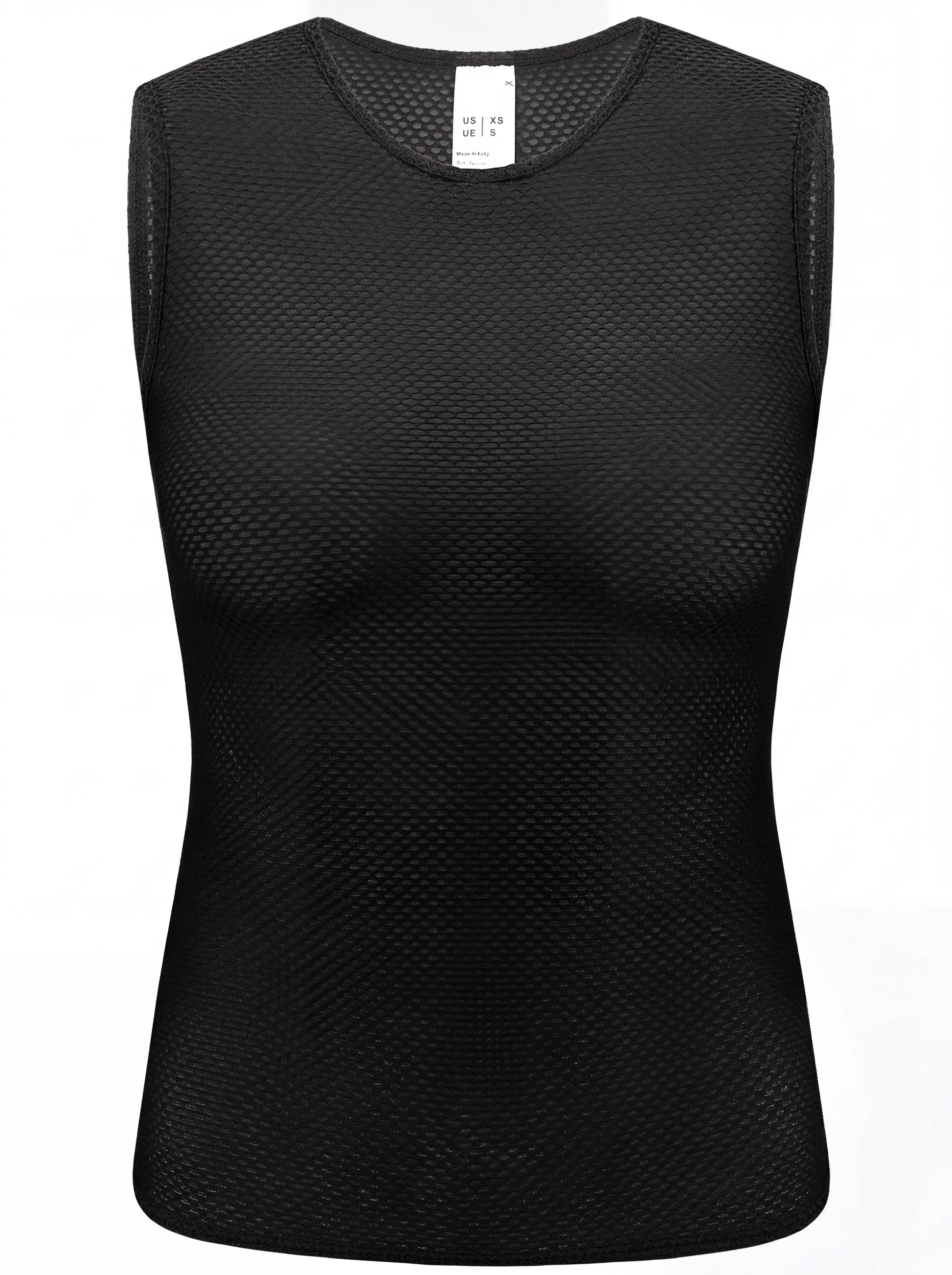 QUALICOS Women's Mesh Cycling Base Layer black flat lay front view with sleeveless jacquard mesh fabric