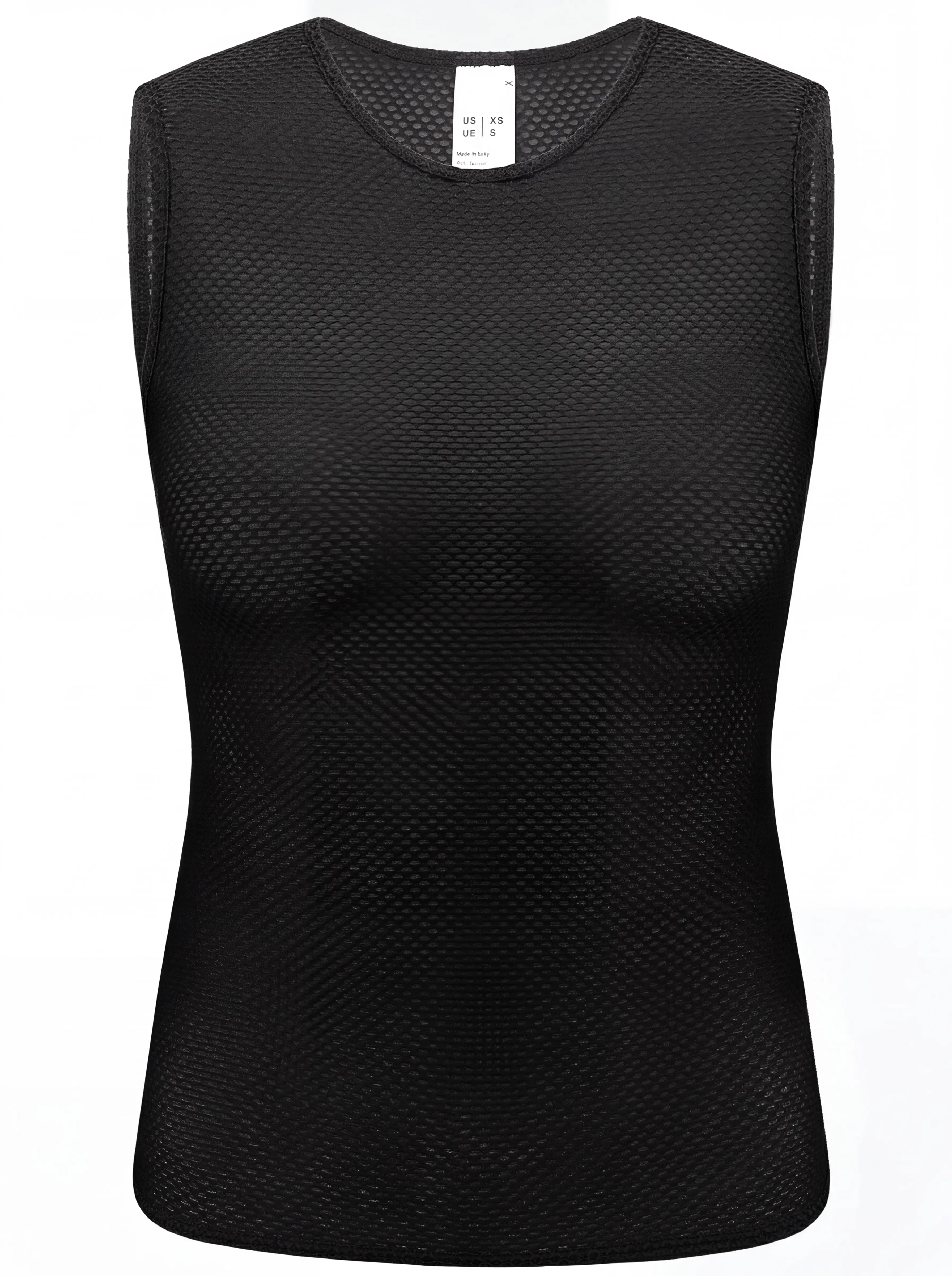 QUALICOS Women's Mesh Cycling Base Layer black flat lay front view with sleeveless jacquard mesh fabric