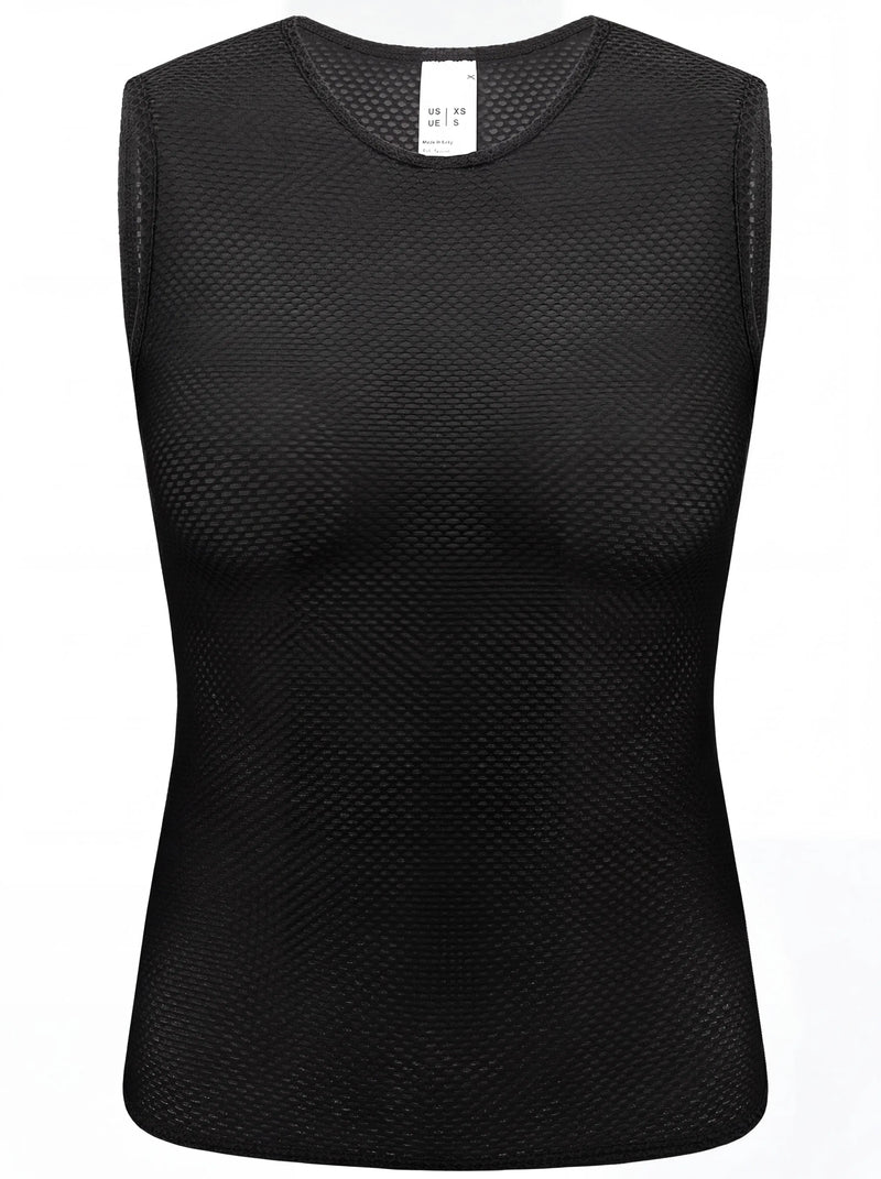QUALICOS Women's Mesh Cycling Base Layer black flat lay front view with sleeveless jacquard mesh fabric