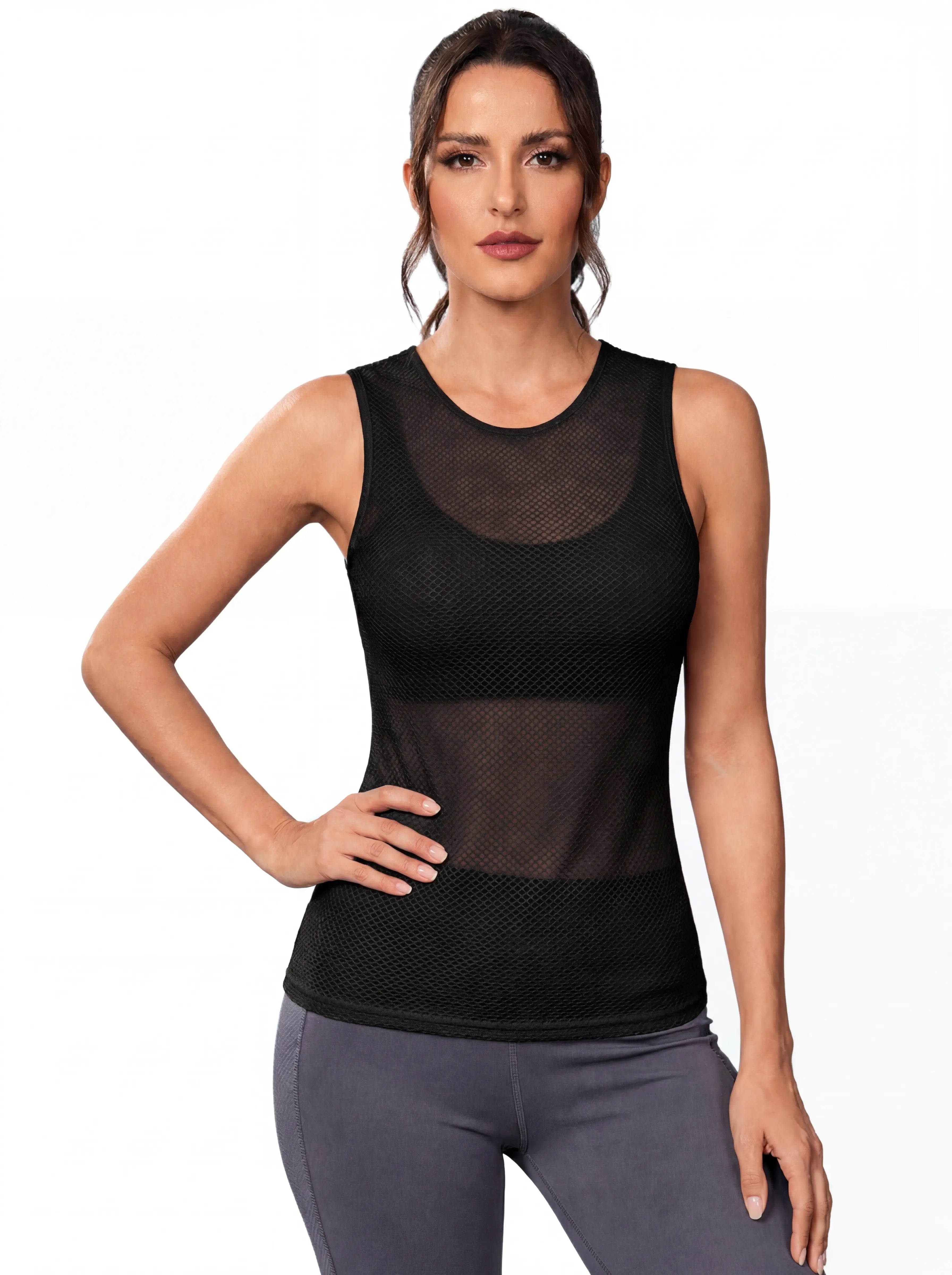 QUALICOS Women's Mesh Cycling Base Layer black sleeveless mesh vest on model with breathable fitted design