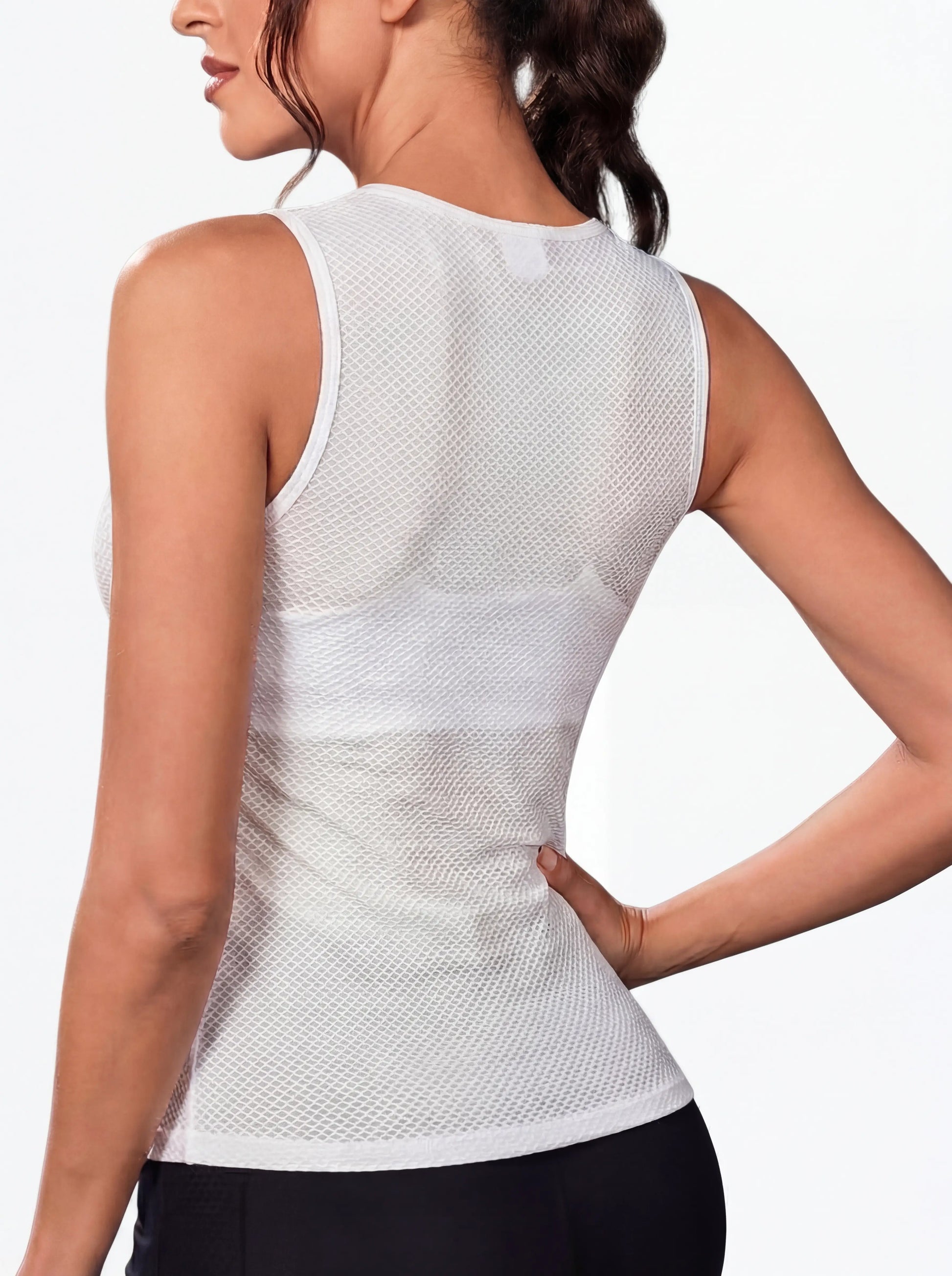 QUALICOS Women's Mesh Cycling Base Layer white back view with breathable jacquard mesh and sleeveless fit