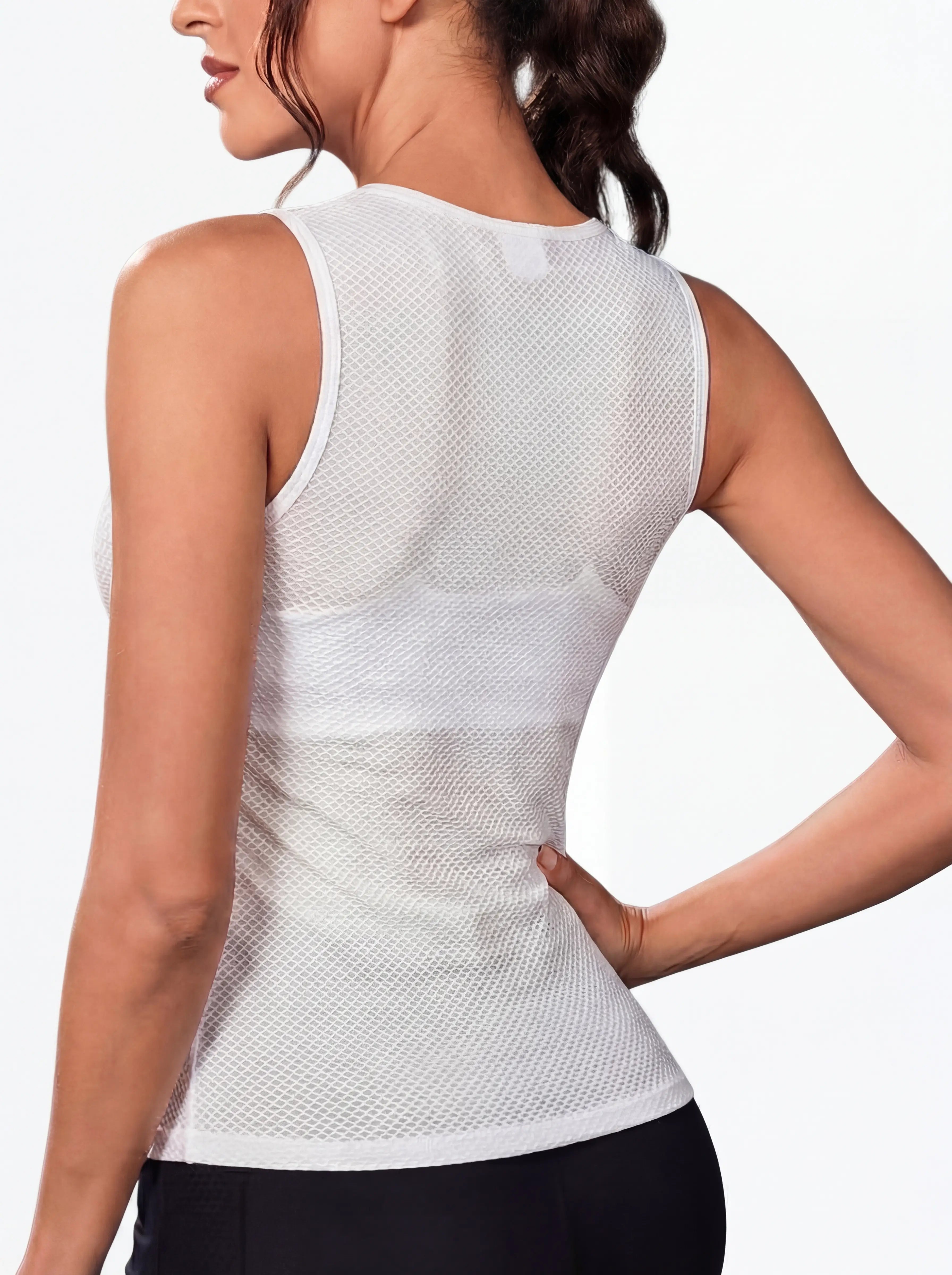 QUALICOS Women's Mesh Cycling Base Layer white back view with breathable jacquard mesh and sleeveless fit