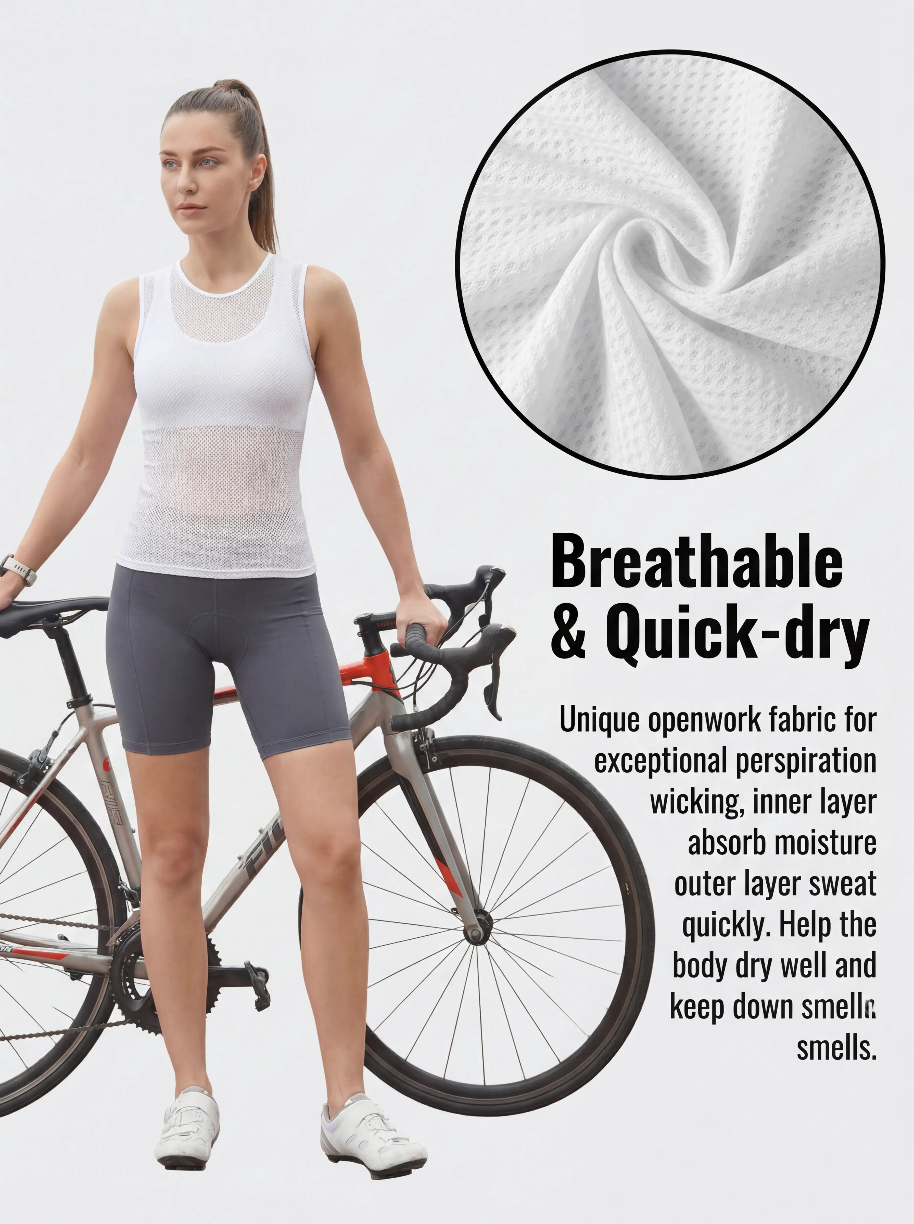 QUALICOS Women's Mesh Cycling Base Layer white mesh vest with breathable quick-dry fabric for road cycling