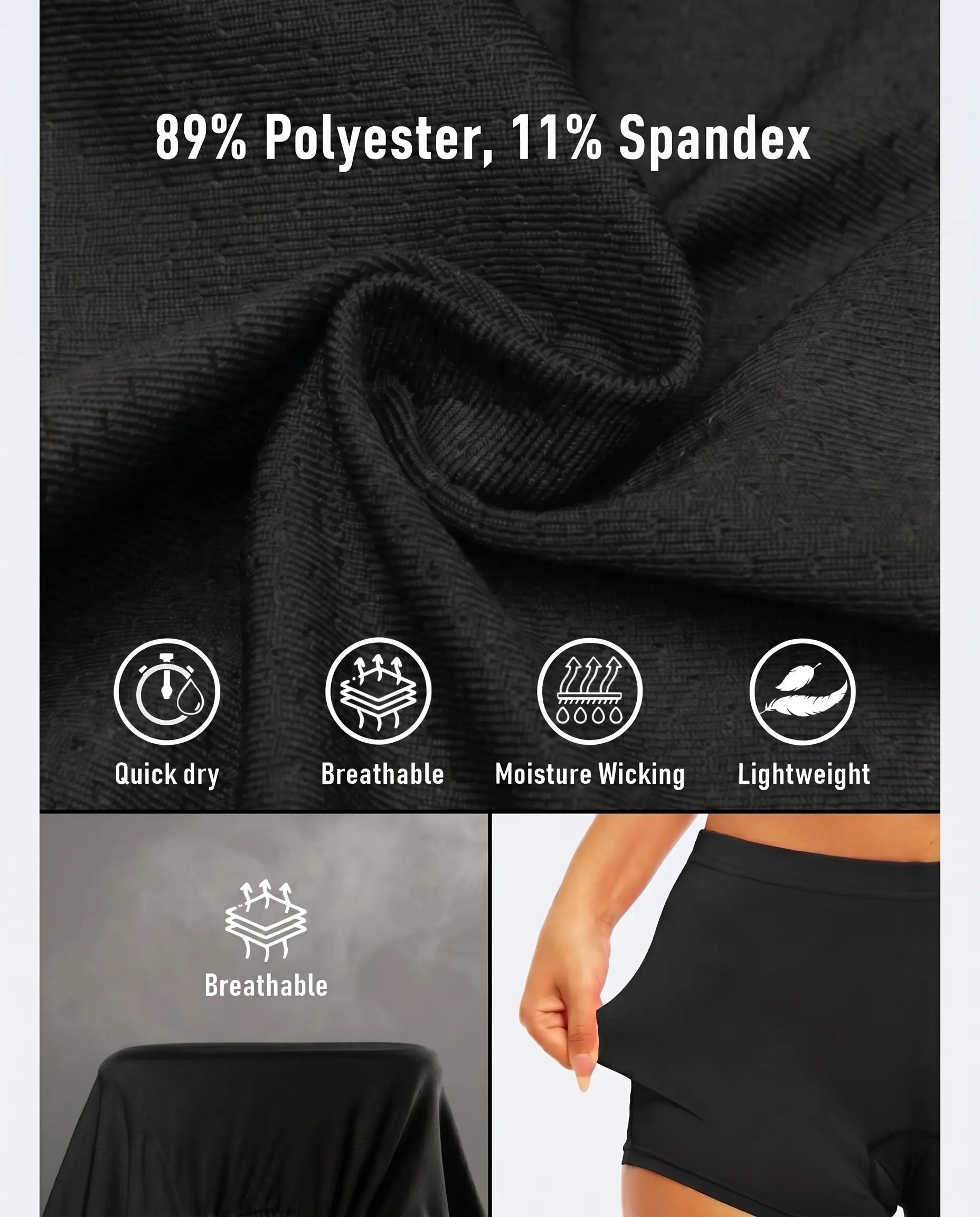 QUALICOS Women's Padded Boxer Briefs black 89% polyester 11% spandex fabric, quick-dry and breathable