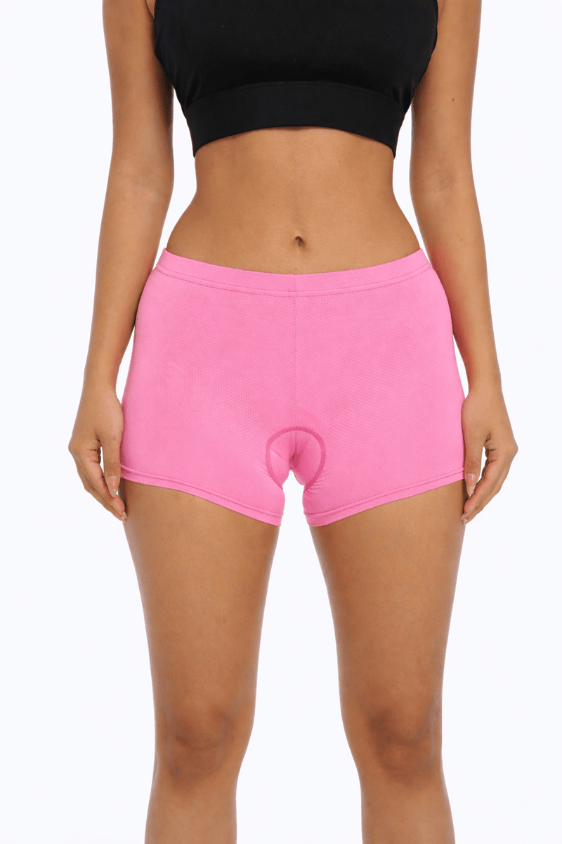 QUALICOS Women's Padded Boxer Briefs pink front view with cycling pad for indoor training