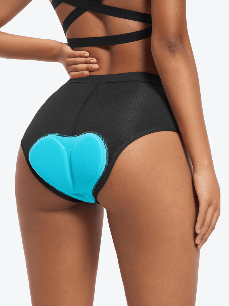 QUALICOS Women's Padded Briefs black back close-up with teal chamois pad and smooth waistband