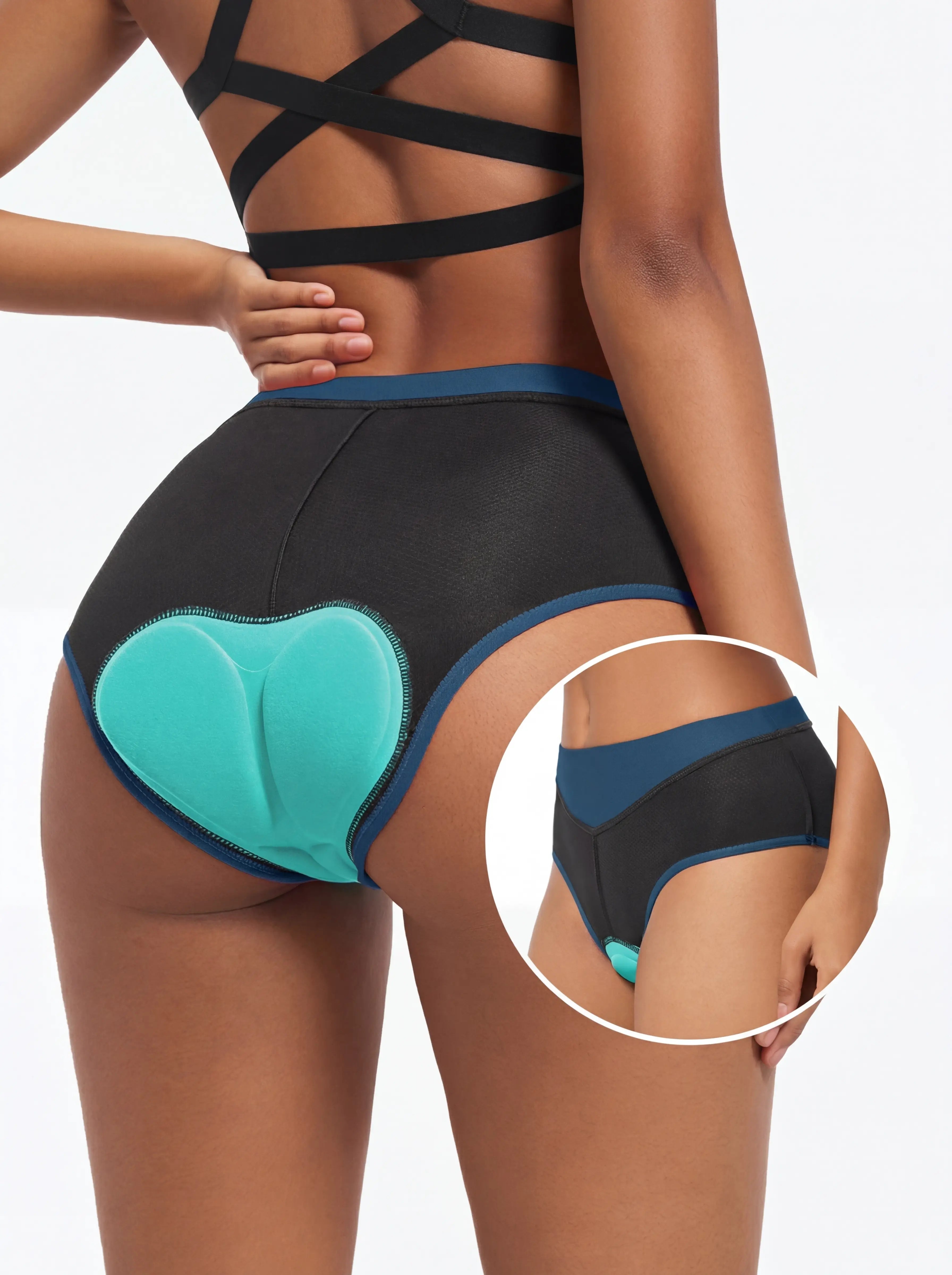 QUALICOS Women's Padded Briefs black blue back view with teal chamois pad and contrast trim