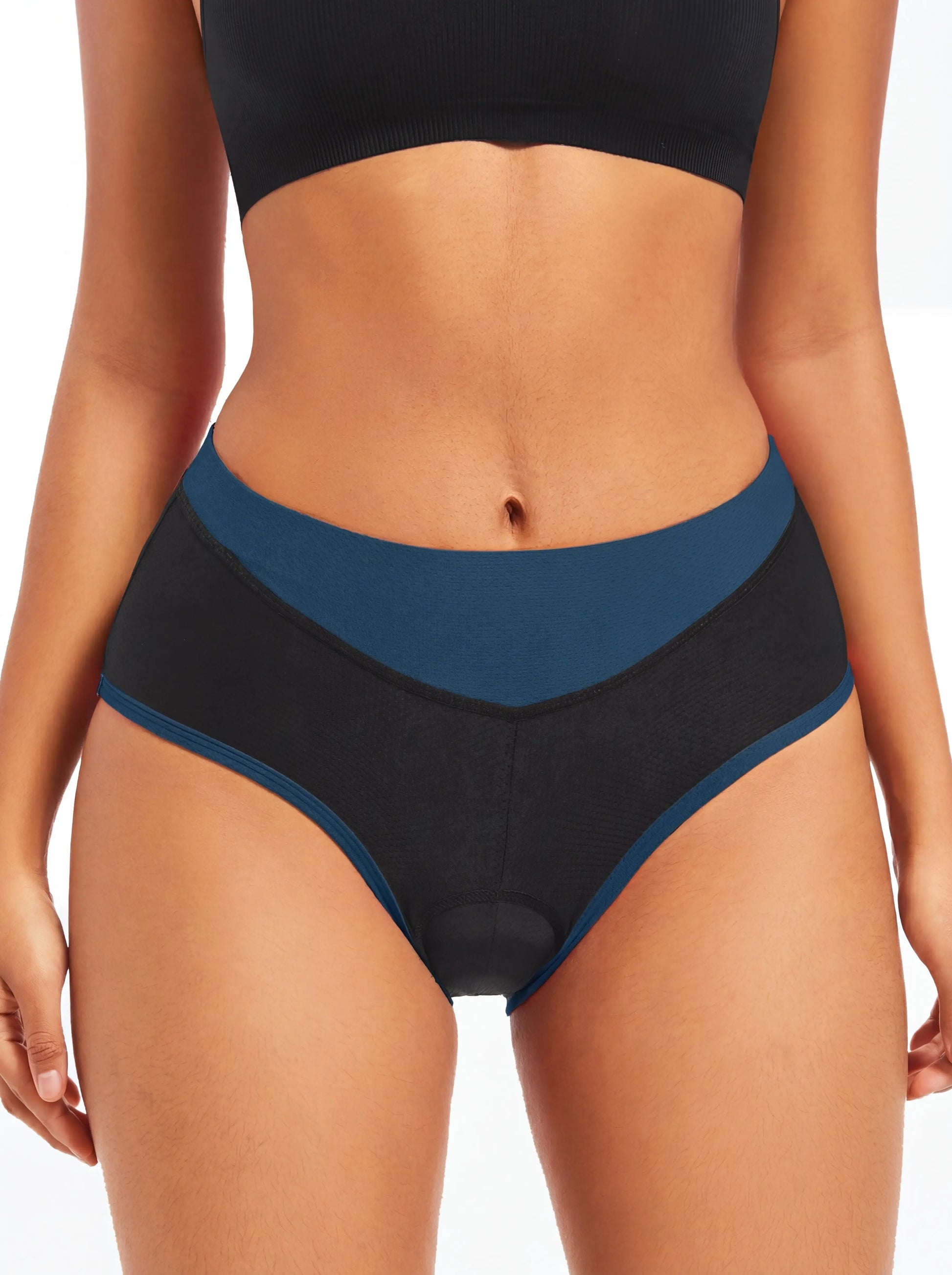 QUALICOS Women's Padded Briefs black blue front close-up with smooth waistband and padded cycling insert