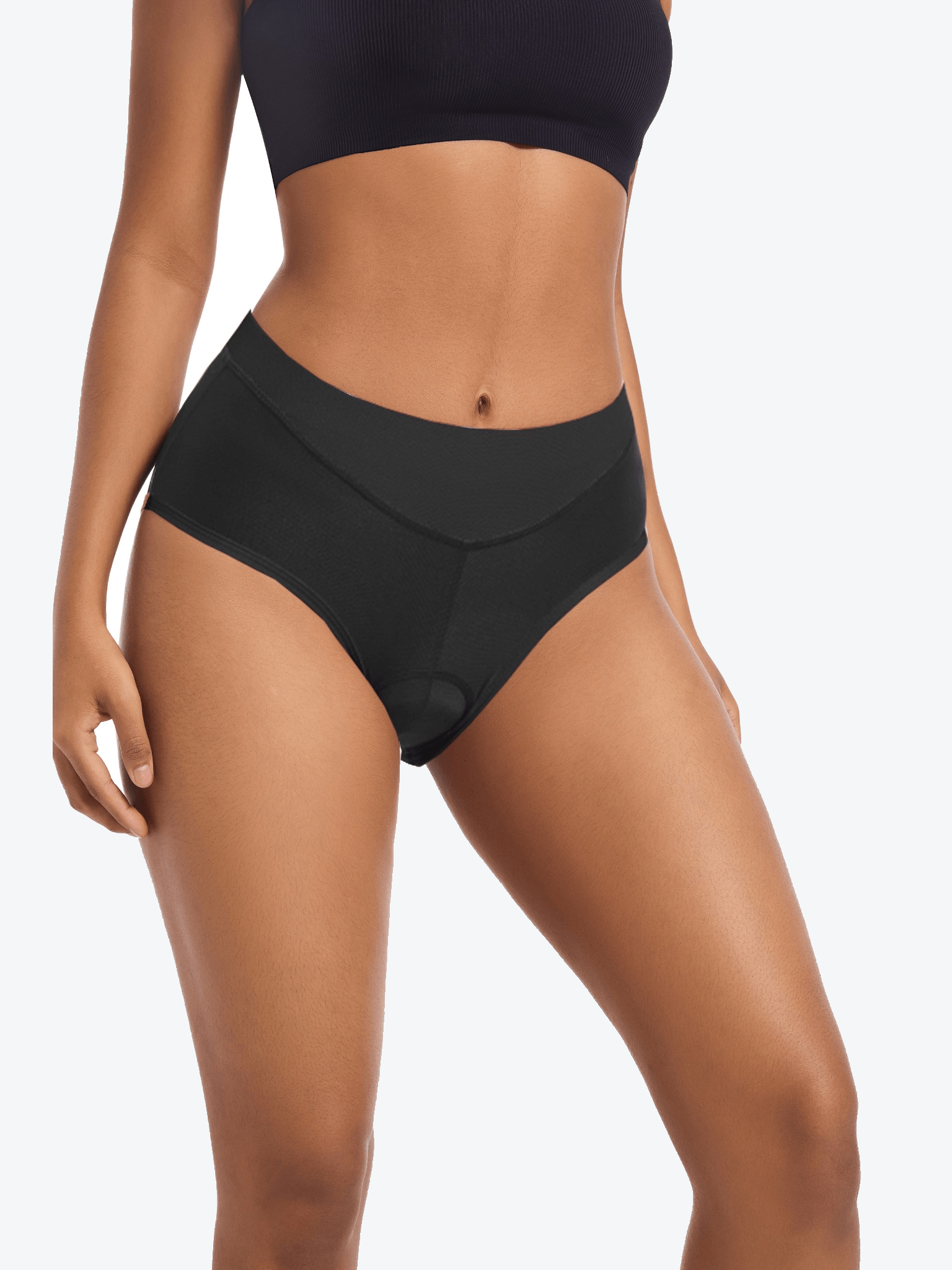 QUALICOS Women's Padded Briefs black front close-up on model with smooth waistband and padded cycling insert
