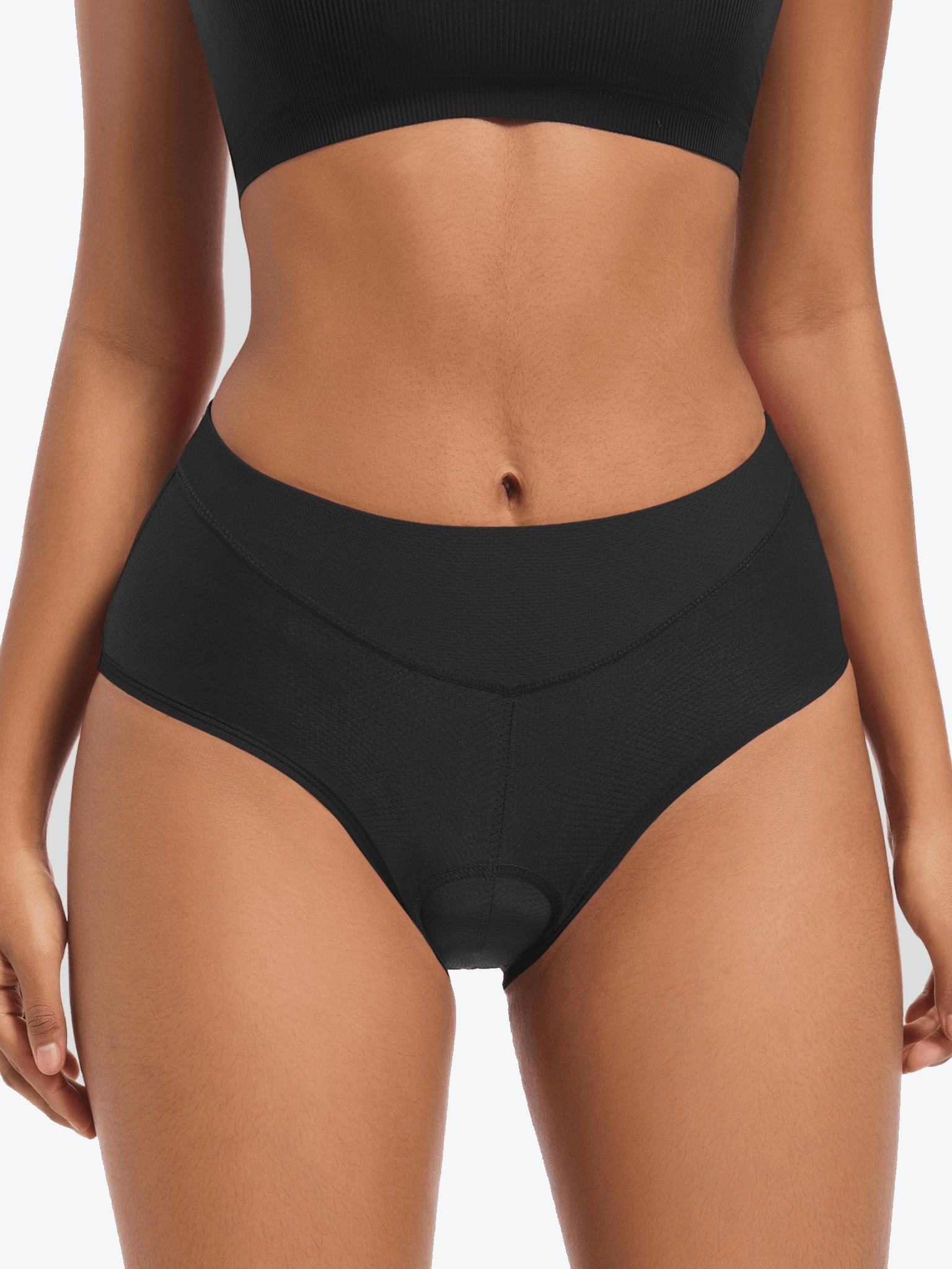 QUALICOS Women's Padded Briefs black front close-up with smooth waistband and padded cycling insert