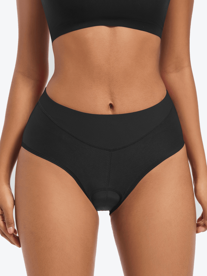 QUALICOS Women's Padded Briefs black front close-up with smooth waistband and padded cycling insert