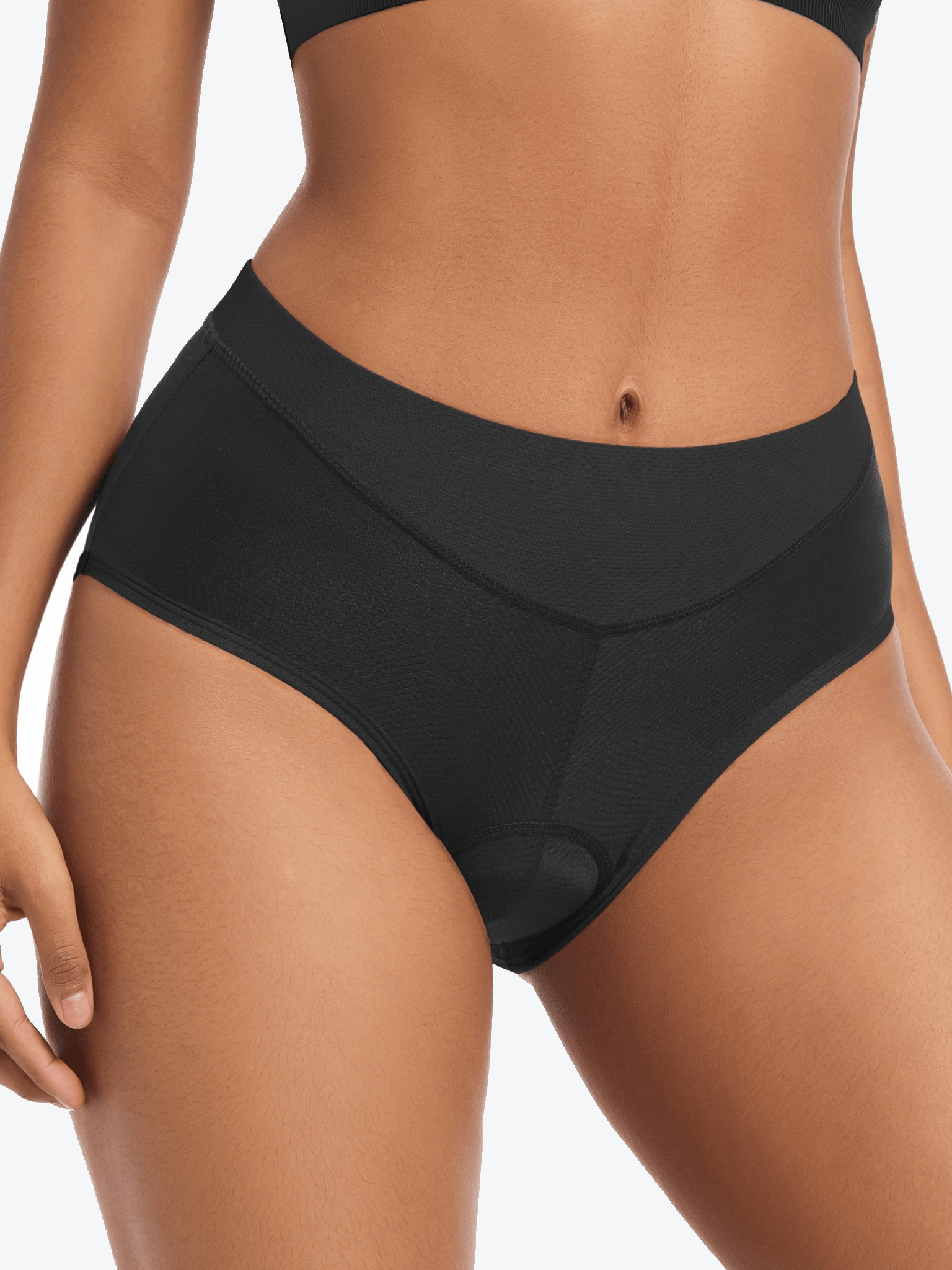 QUALICOS Women's Padded Briefs black front side close-up with smooth waistband and padded cycling insert