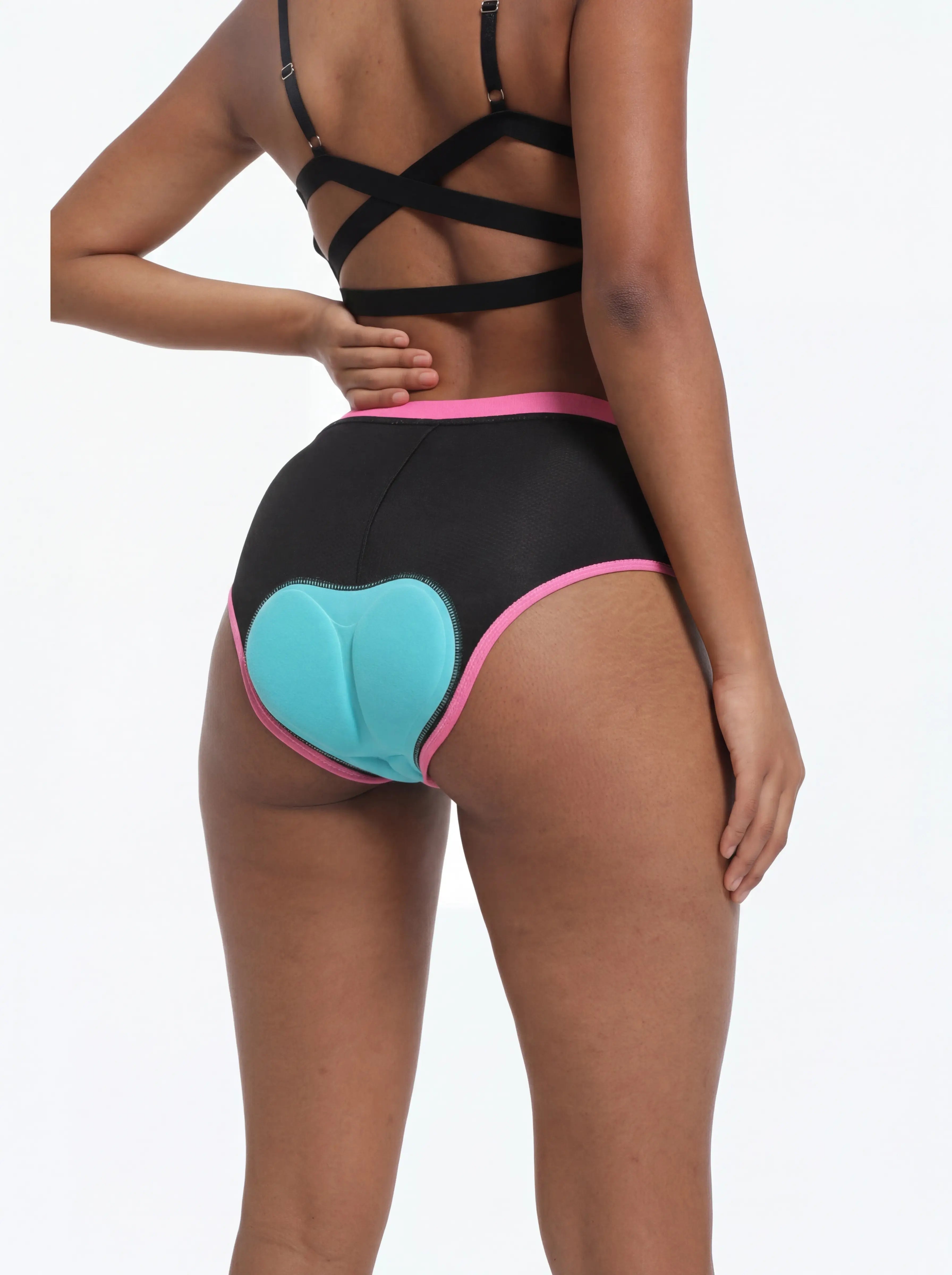 QUALICOS Women's Padded Briefs black pink back view with teal chamois pad and wide waistband
