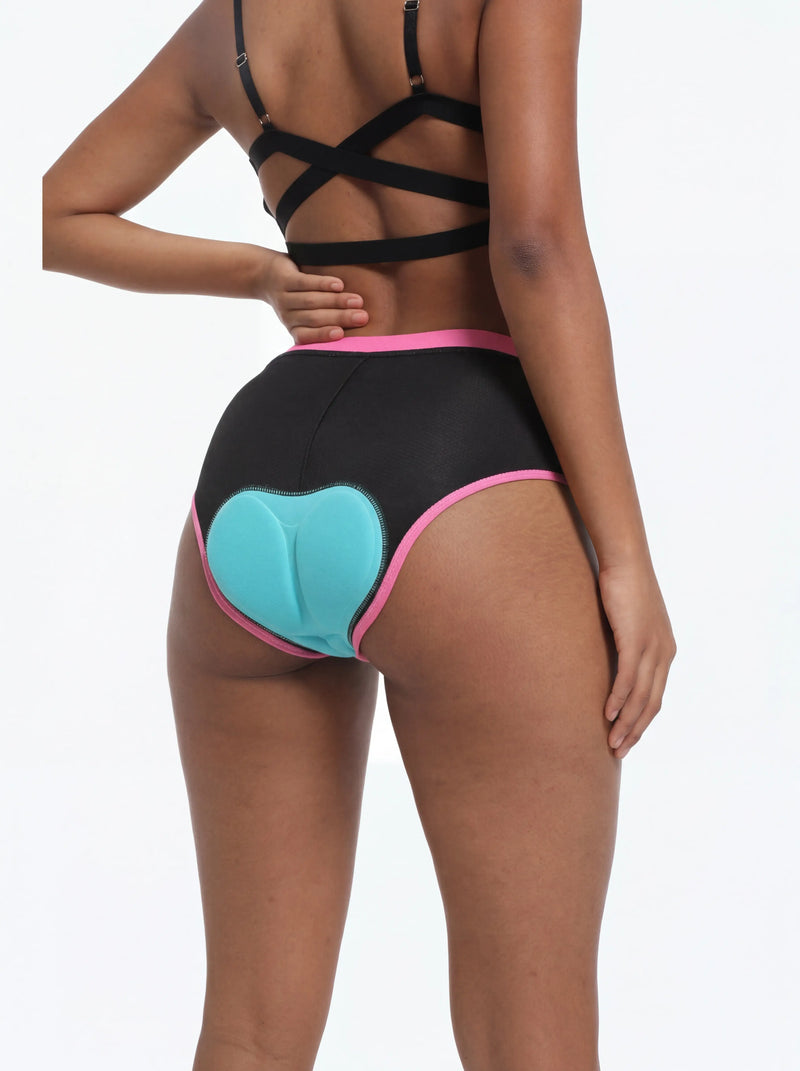 QUALICOS Women's Padded Briefs black pink back view with teal chamois pad and wide waistband