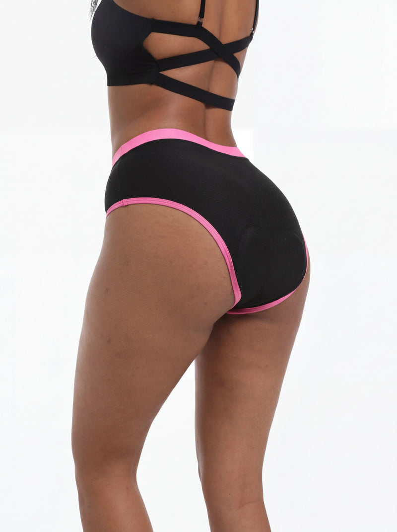 QUALICOS Women's Padded Briefs black pink back side view on model with wide waistband and smooth leg openings