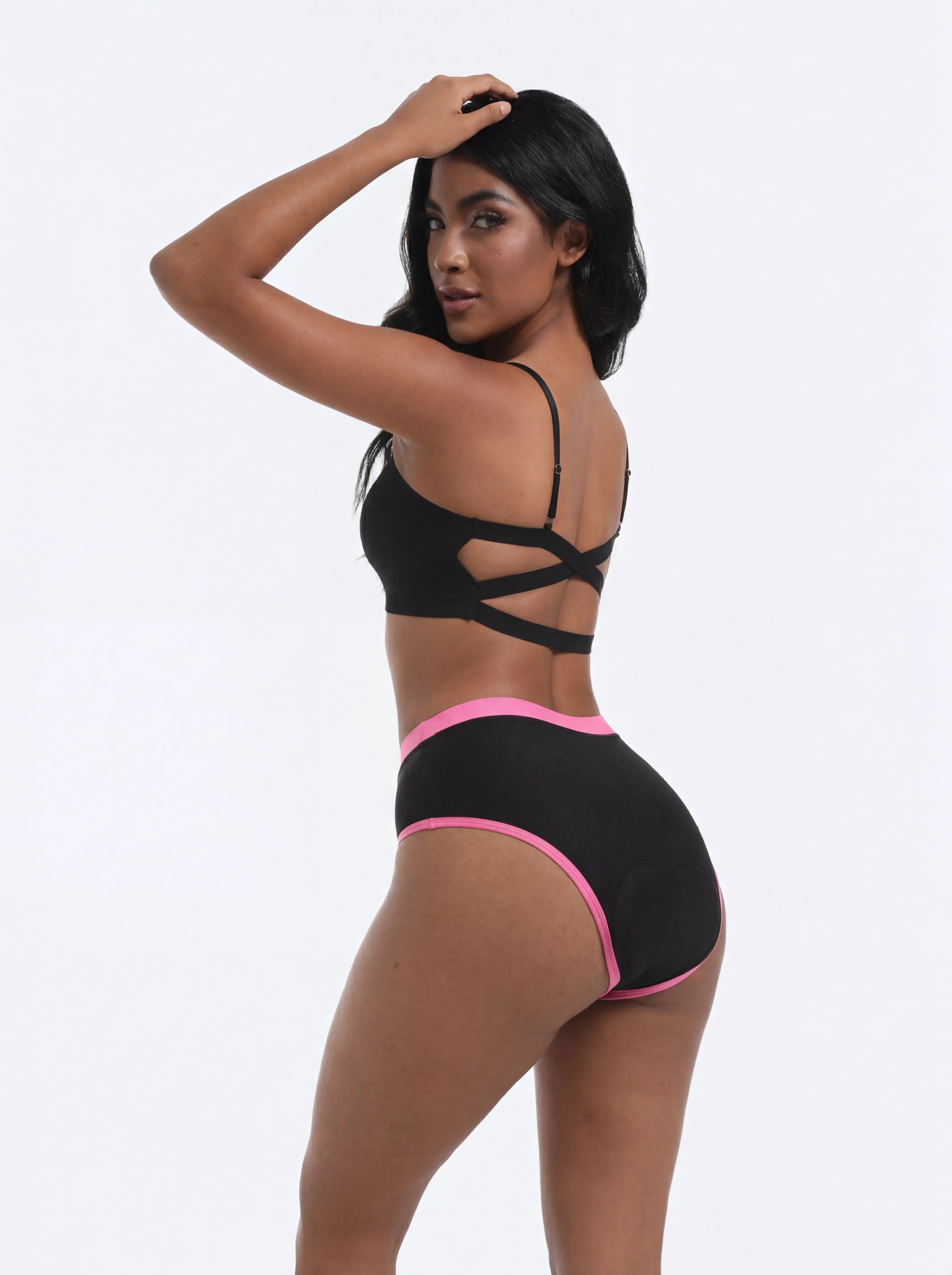 QUALICOS Women's Padded Briefs black pink back side view on model with stretch waistband and smooth leg openings