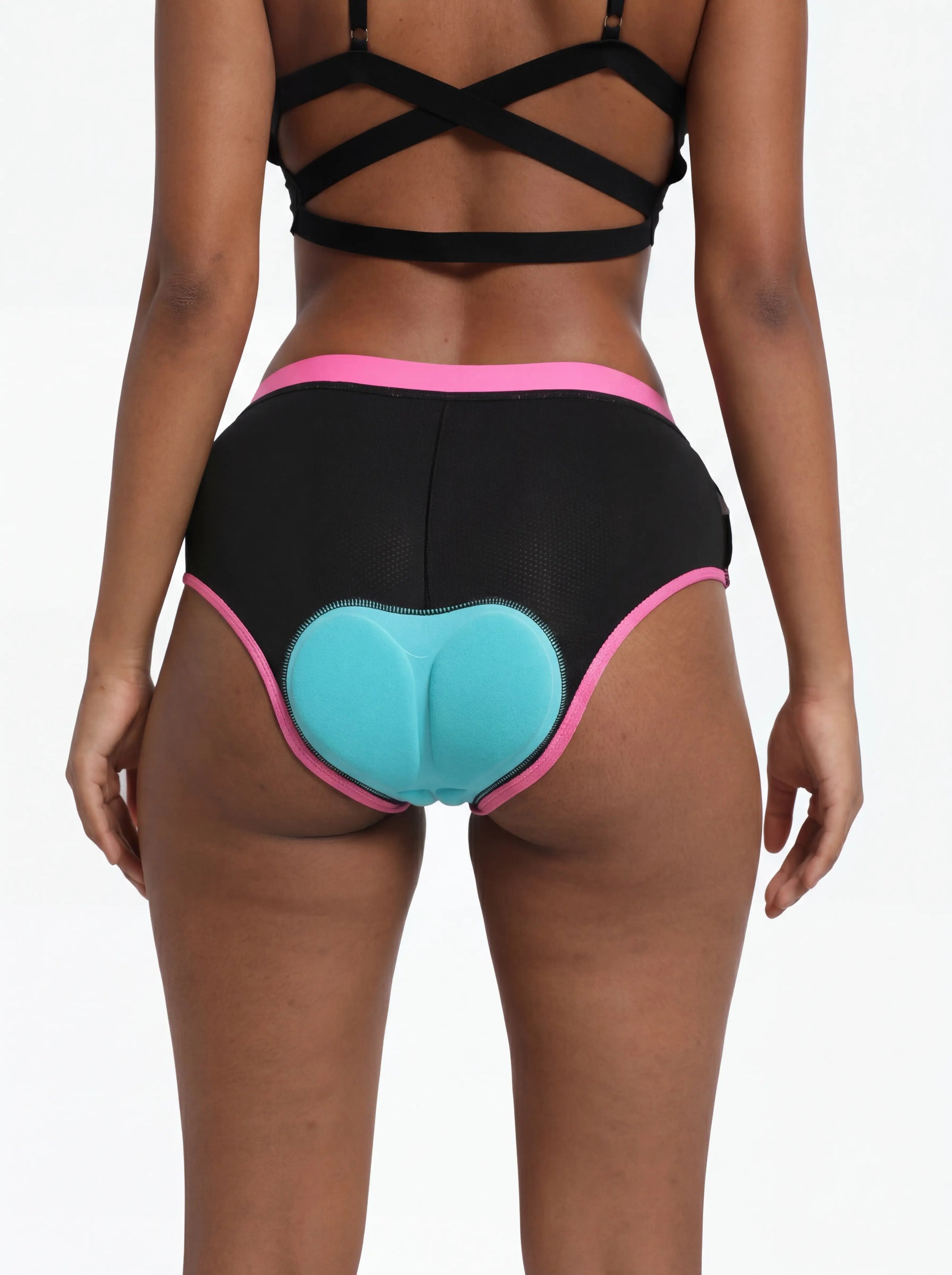 QUALICOS Women's Padded Briefs black pink back view with teal chamois pad and smooth waistband