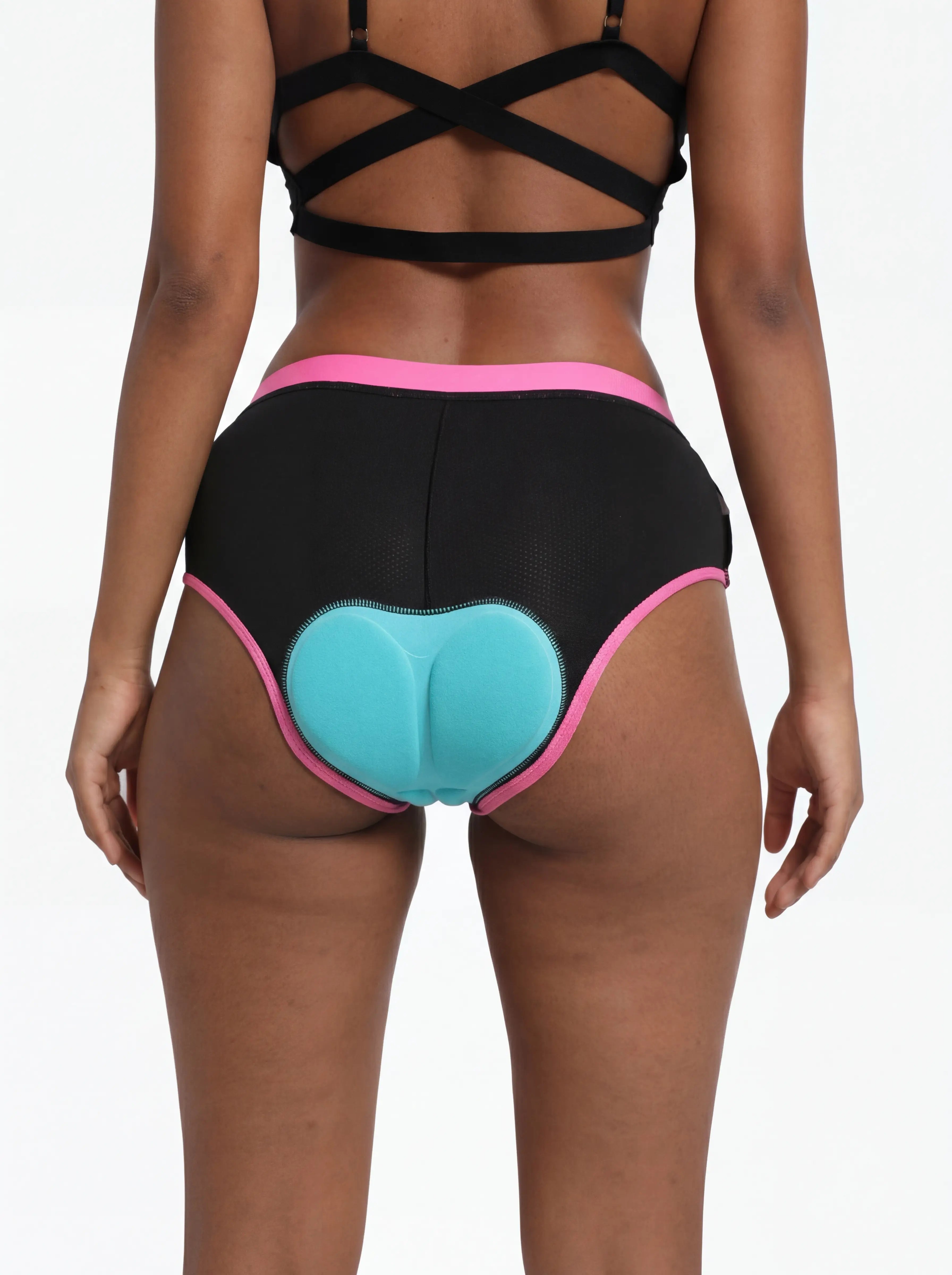 QUALICOS Women's Padded Briefs black pink back view with teal chamois pad and smooth waistband