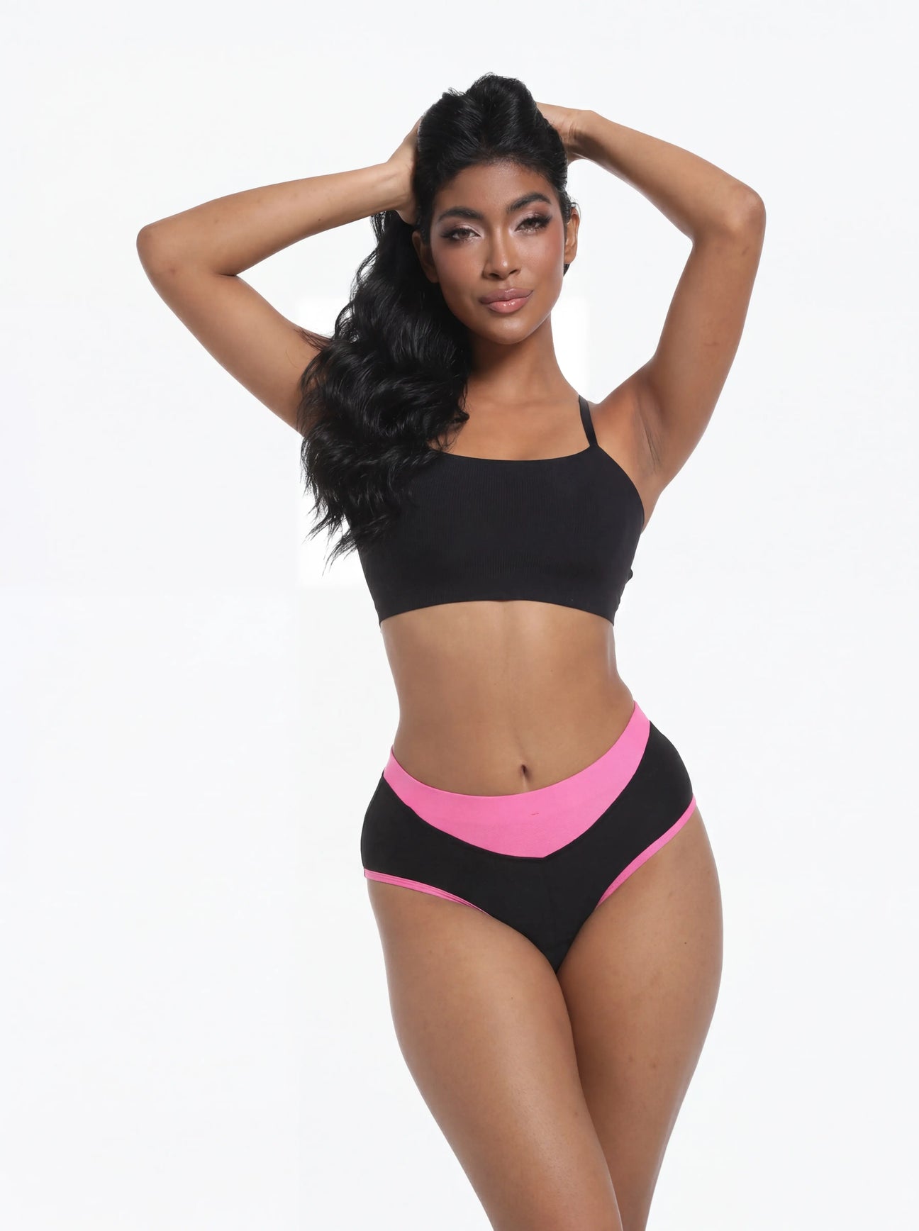 QUALICOS Women's Padded Briefs black pink front view on model with high-waist fit for cycling comfort