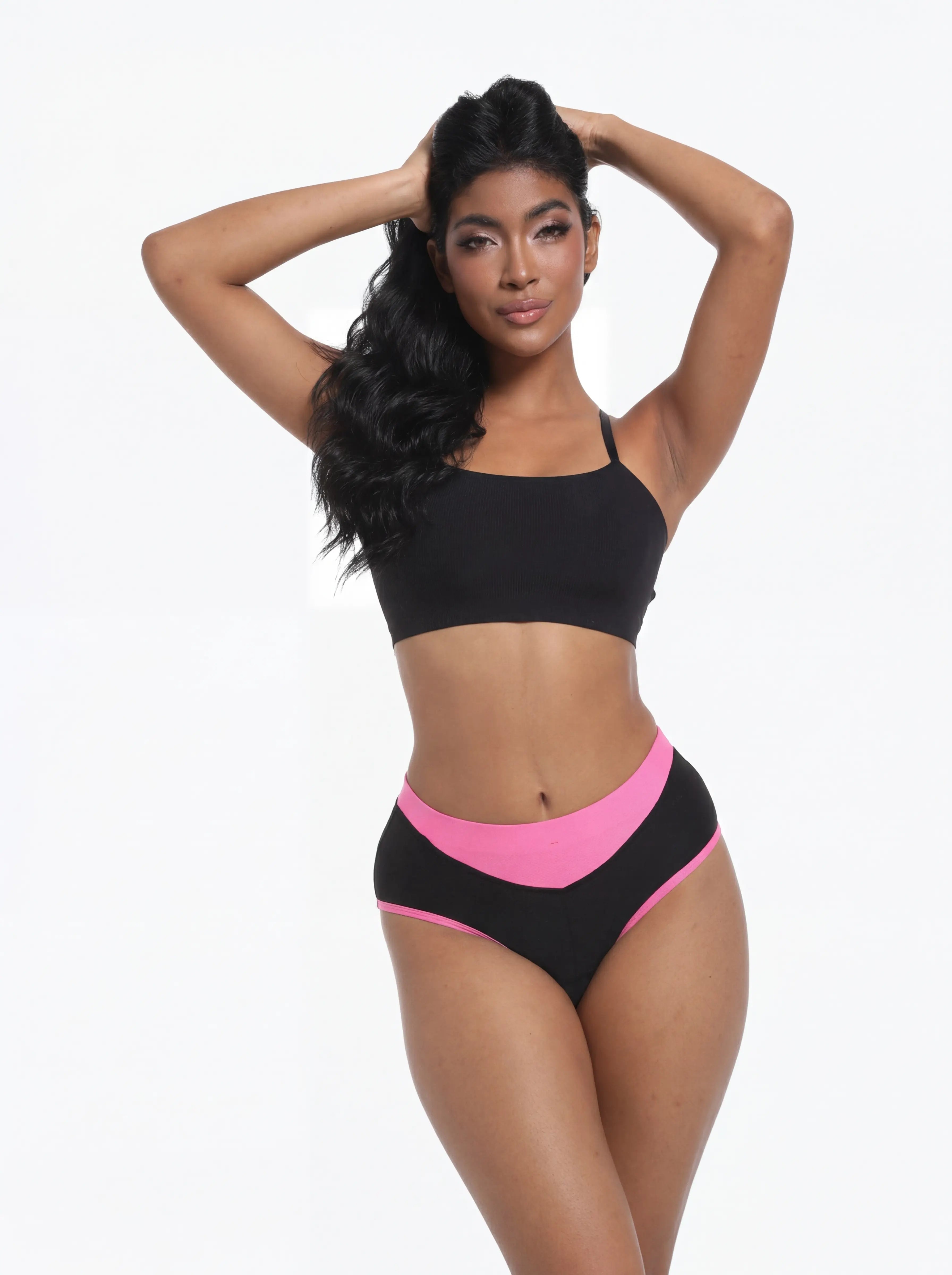 QUALICOS Women's Padded Briefs black pink front view on model with high-waist fit for cycling comfort