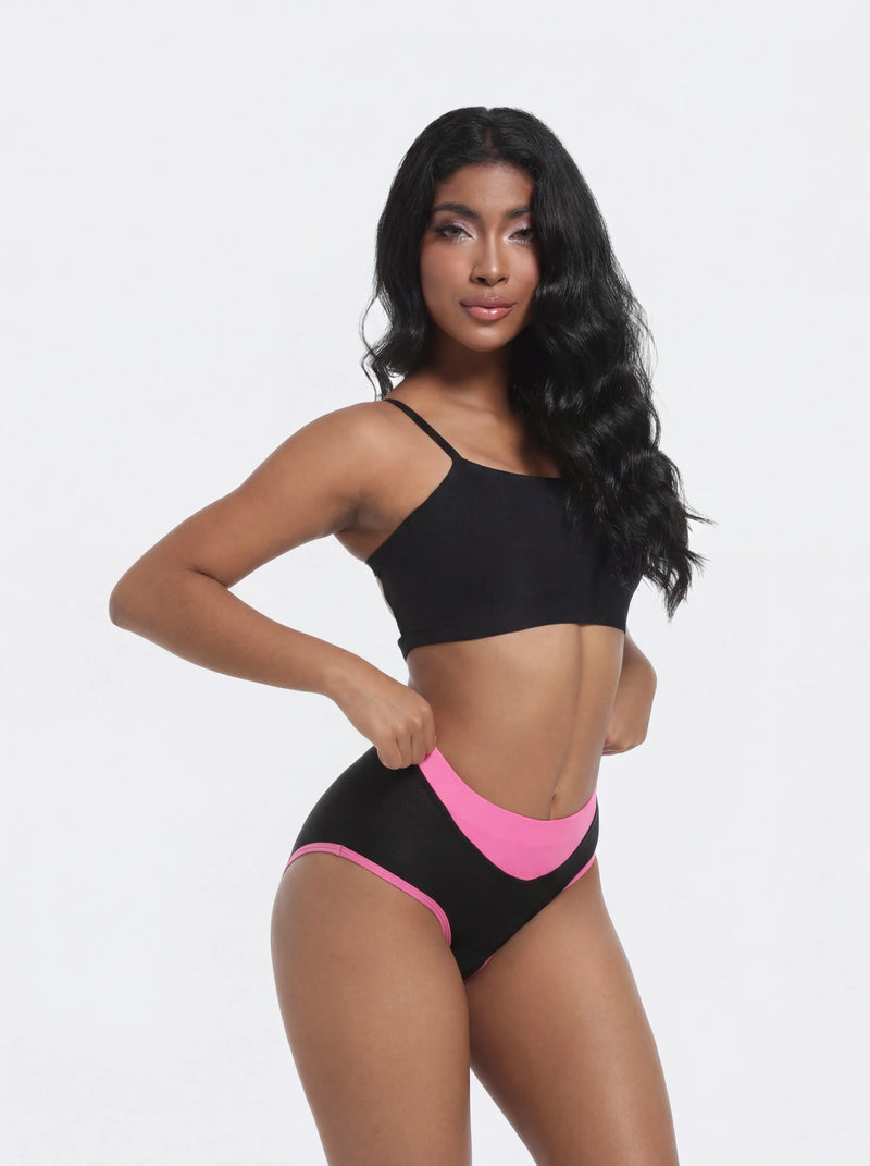 QUALICOS Women's Padded Briefs black pink front side view on model with stretch waistband and smooth leg openings