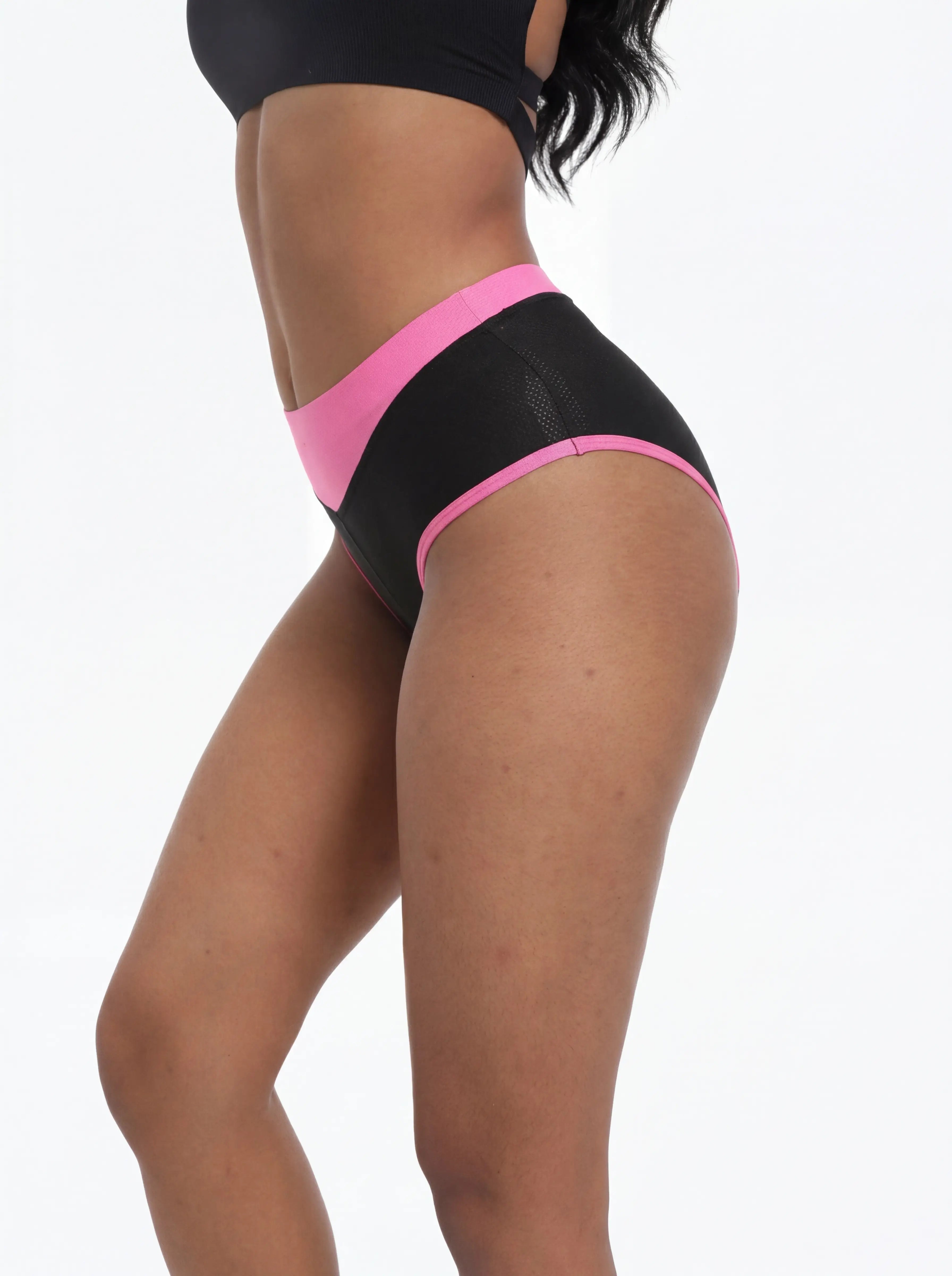 QUALICOS Women's Padded Briefs black pink side view on model with wide waistband and smooth leg openings