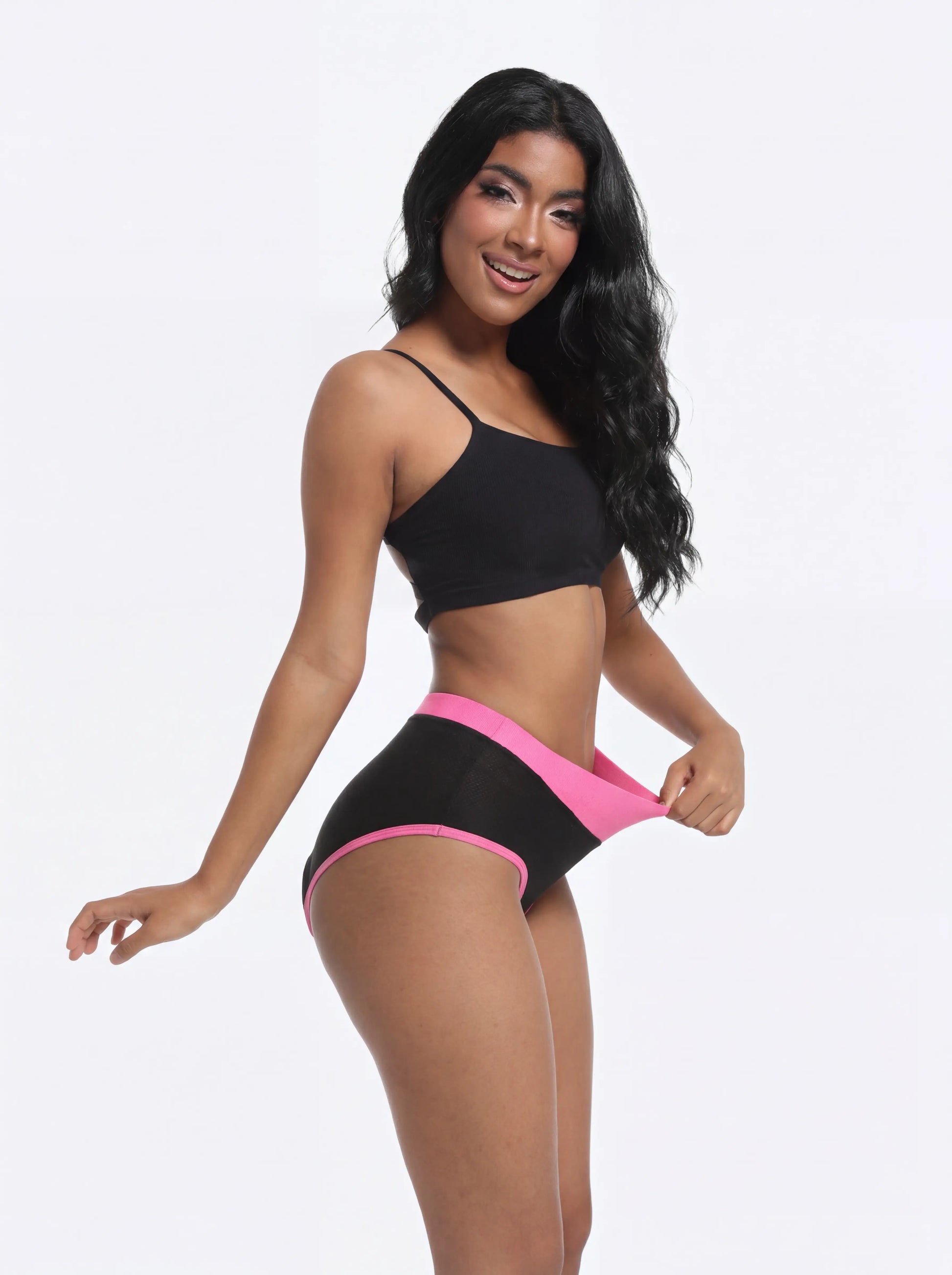 QUALICOS Women's Padded Briefs black pink side view on model with stretch waistband and smooth leg openings