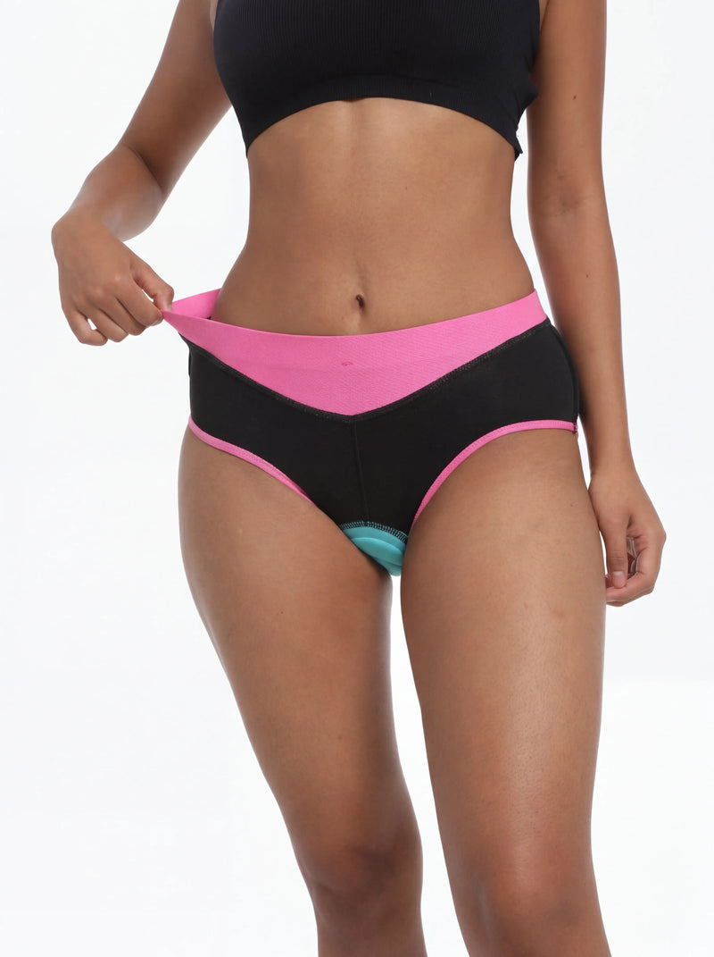QUALICOS Women's Padded Briefs black pink front view with stretch waistband and teal chamois pad