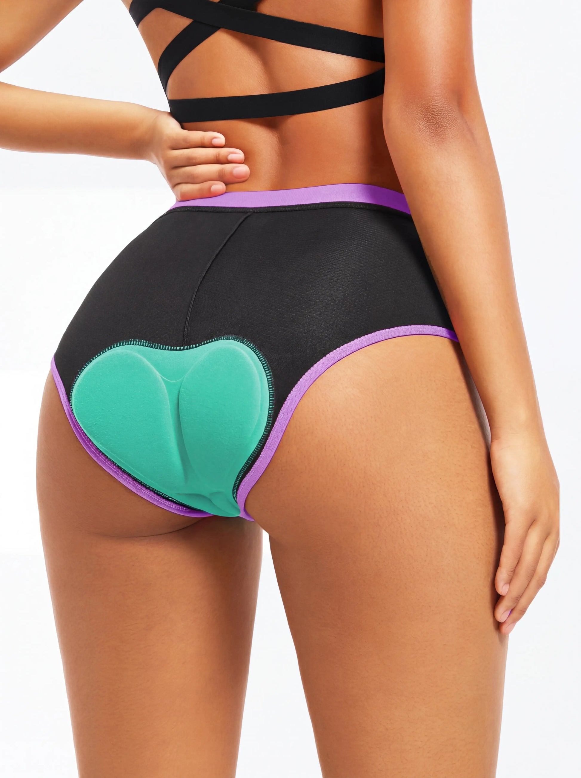 QUALICOS Women's Padded Briefs black purple back view with teal chamois pad and contrast trim