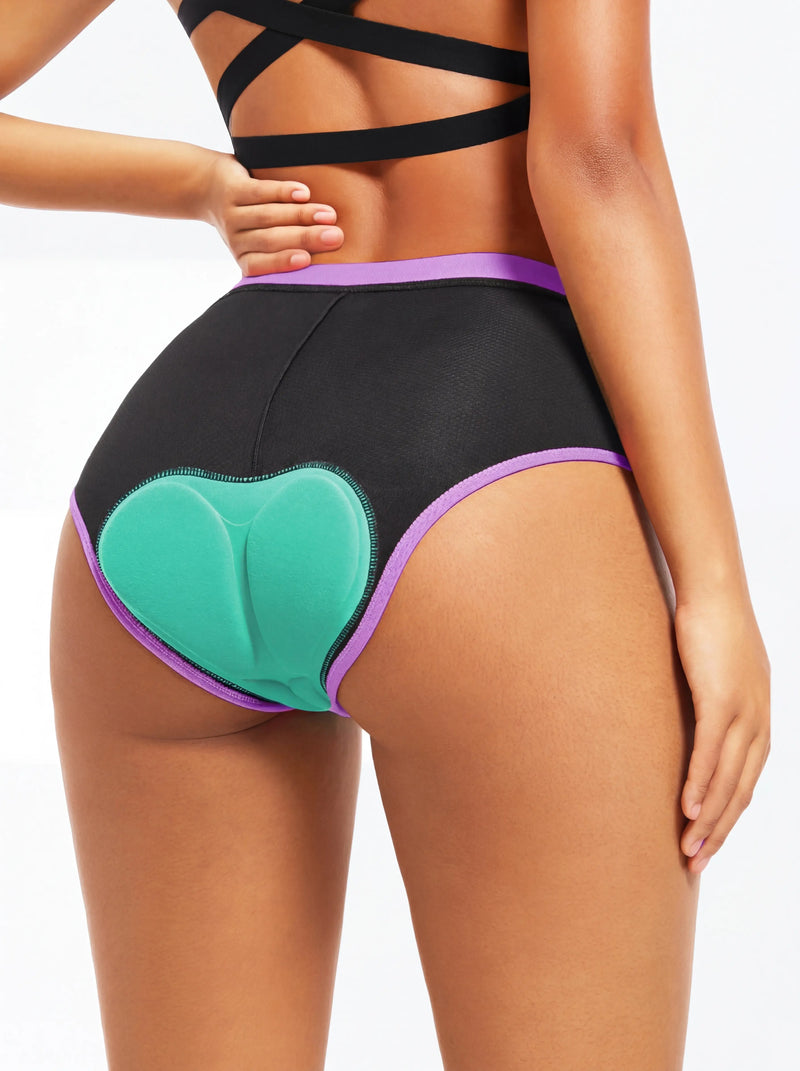QUALICOS Women's Padded Briefs black purple back view with teal chamois pad and contrast trim