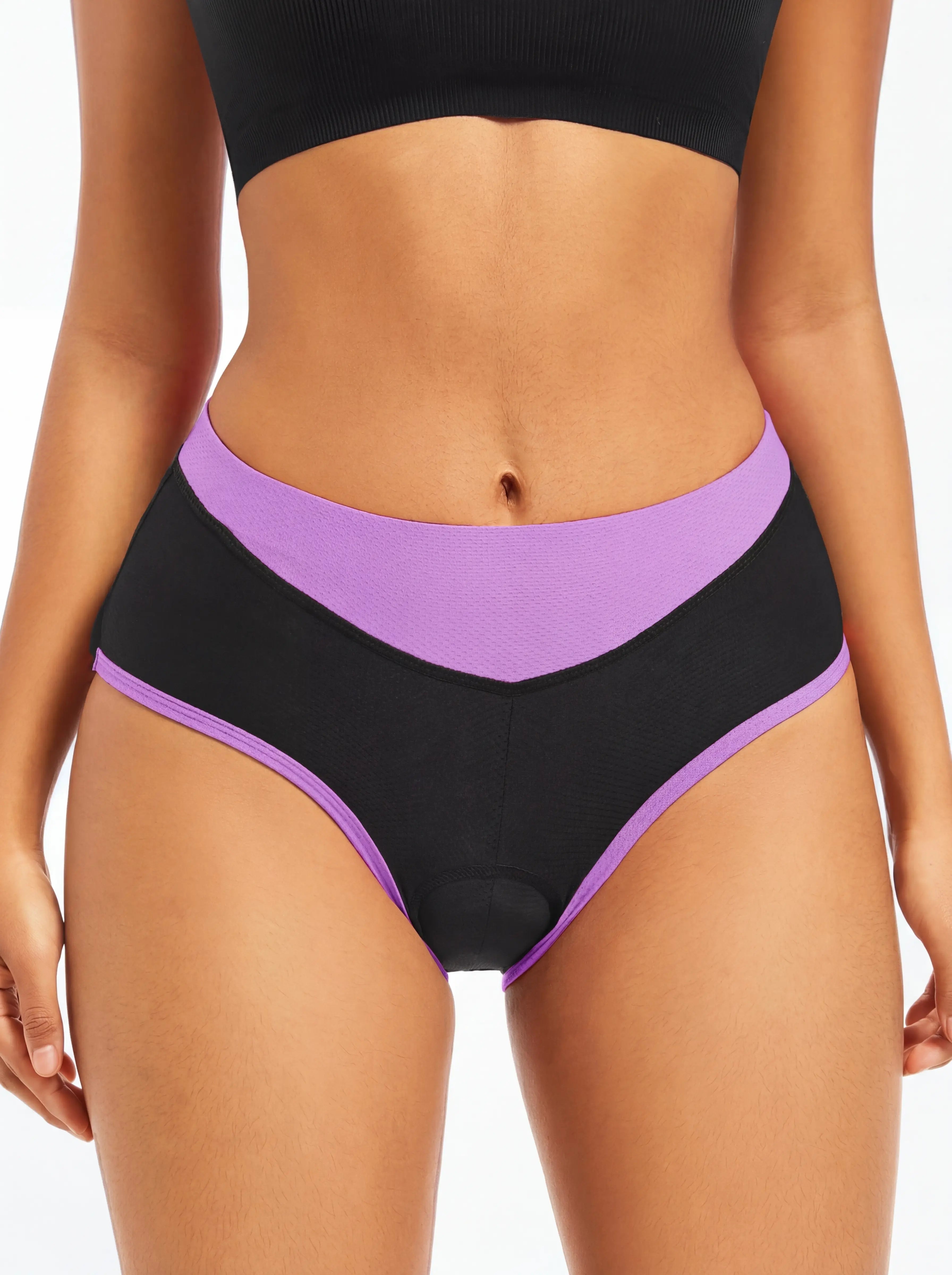 QUALICOS Women's Padded Briefs black purple front close-up with smooth waistband and padded cycling insert