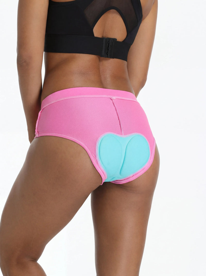 QUALICOS Women's Padded Briefs pink back close-up with teal chamois pad and smooth waistband