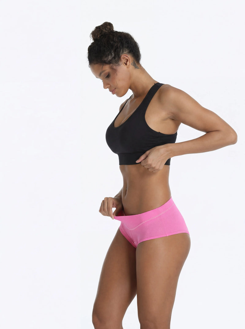 QUALICOS Women's Padded Briefs pink side view on model with stretch waistband and padded cycling insert