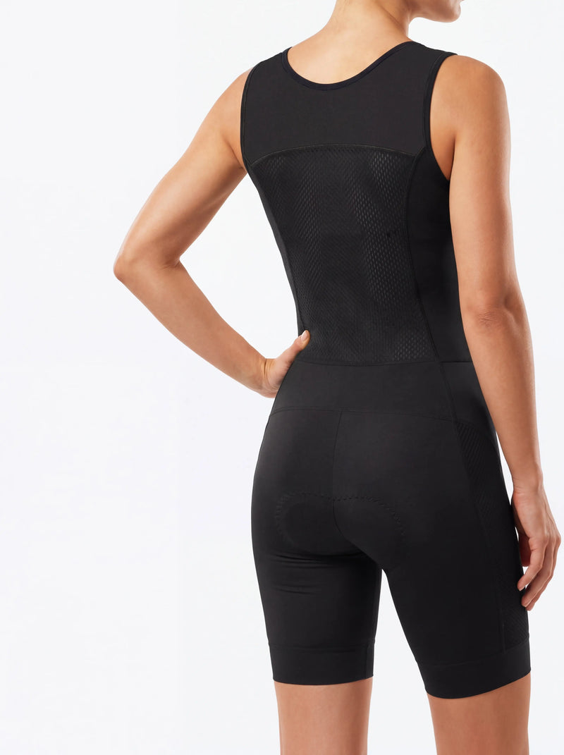 QUALICOS Women's Tri Suit black back view with breathable mesh panel and sleeveless race fit