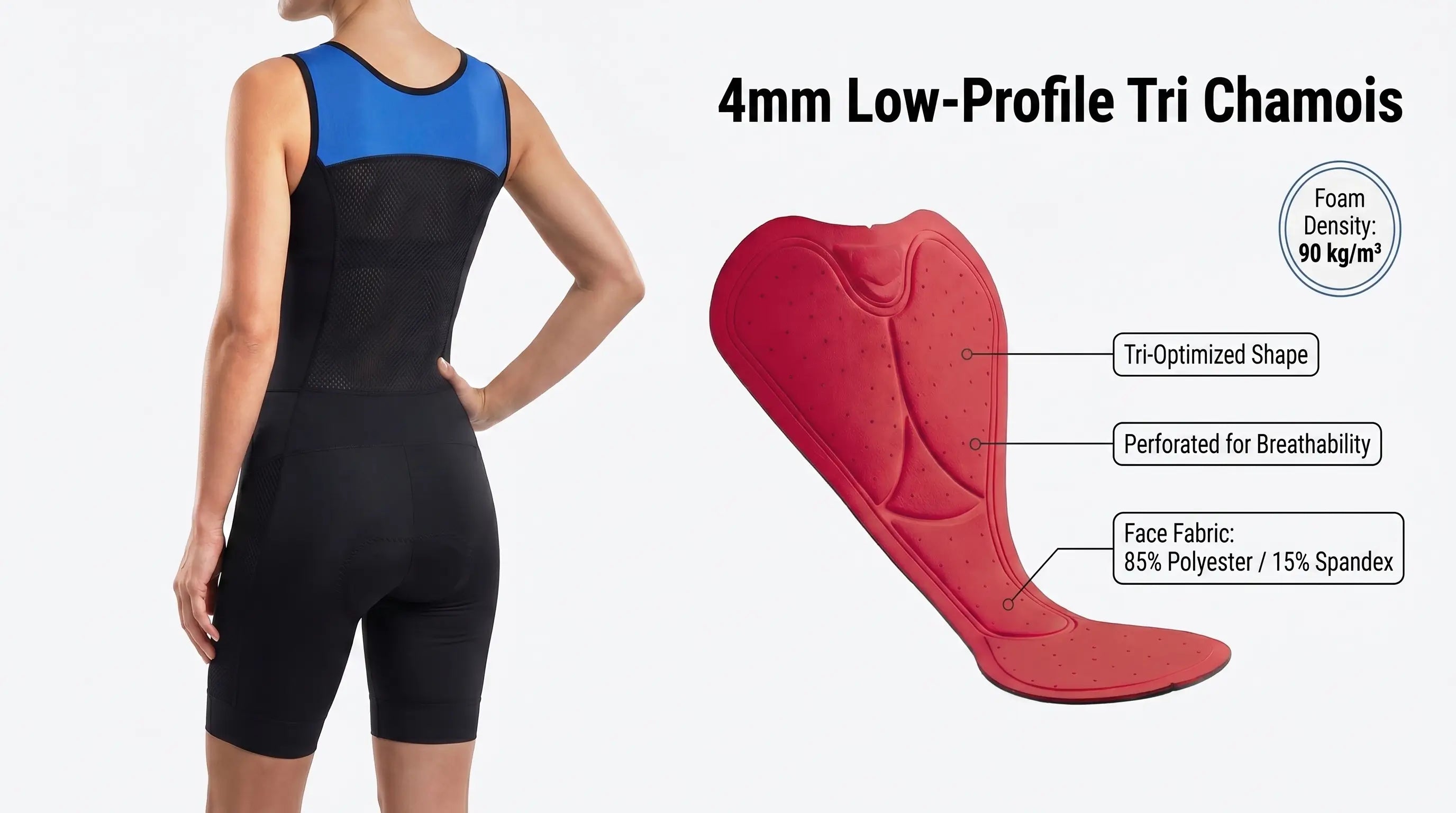 QUALICOS Women's Tri Suit blue black back view with breathable mesh panel and 4mm low-profile tri chamois