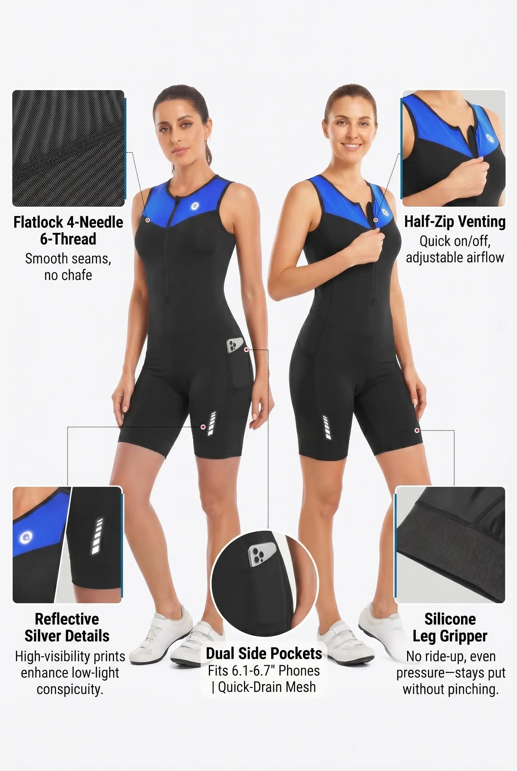 QUALICOS Women's Tri Suit blue black trisuit with half-zip venting, side pockets, reflective details and leg grippers