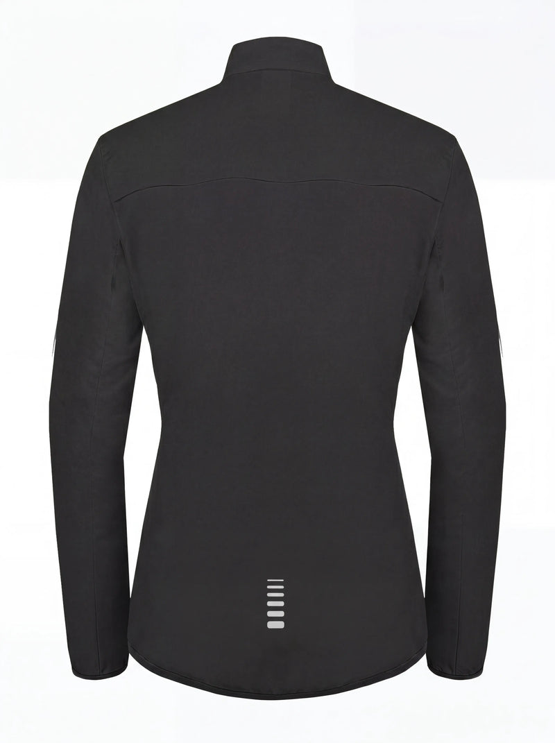 QUALICOS Women's Windproof Cycling Long Sleeve Jacket black back view with rear vent panel and lower reflective strip