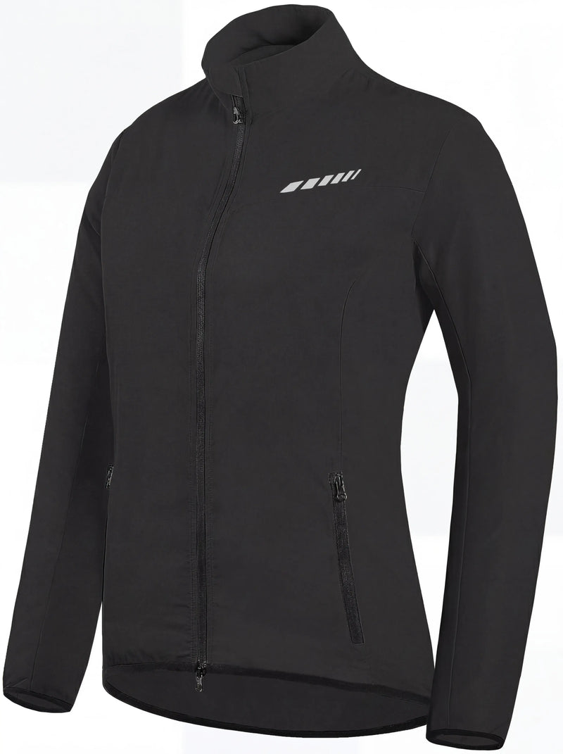 QUALICOS Women's Windproof Cycling Long Sleeve Jacket black front view with stand collar, full zip and side pockets