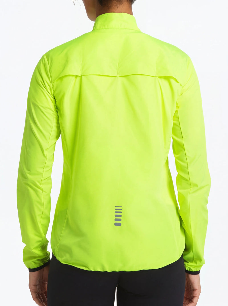 QUALICOS Women's Windproof Cycling Long Sleeve Jacket yellow back view with rear vent panel and lower reflective strip