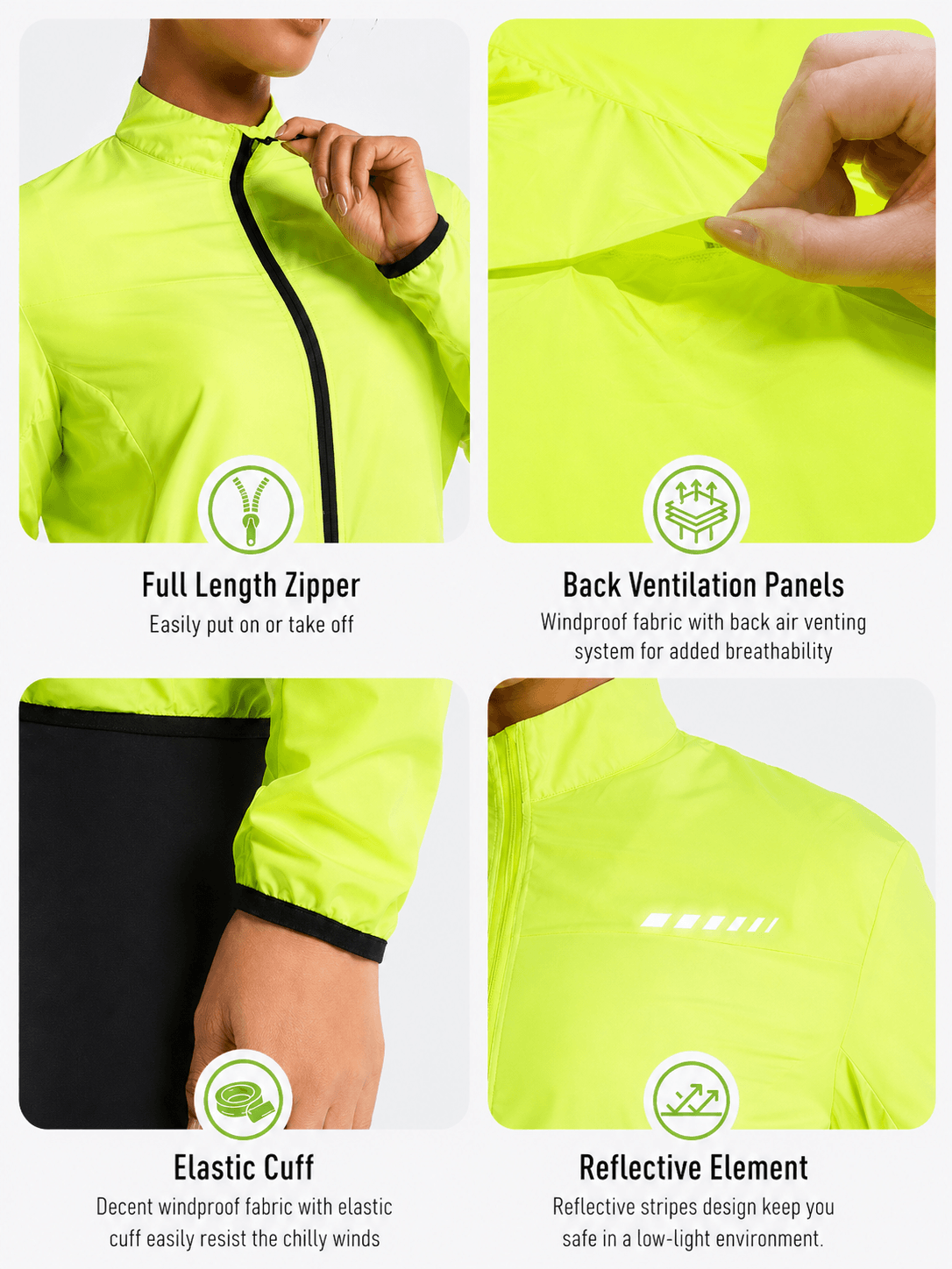 QUALICOS Women's Windproof Cycling Long Sleeve Jacket yellow details with full zipper, back vents, cuffs and reflective element