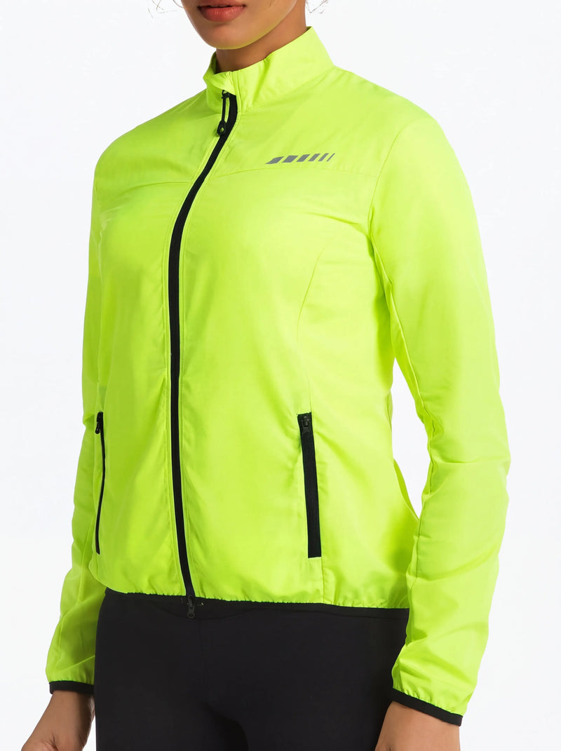 QUALICOS Women's Windproof Cycling Long Sleeve Jacket yellow front view with full zip, stand collar and side pockets
