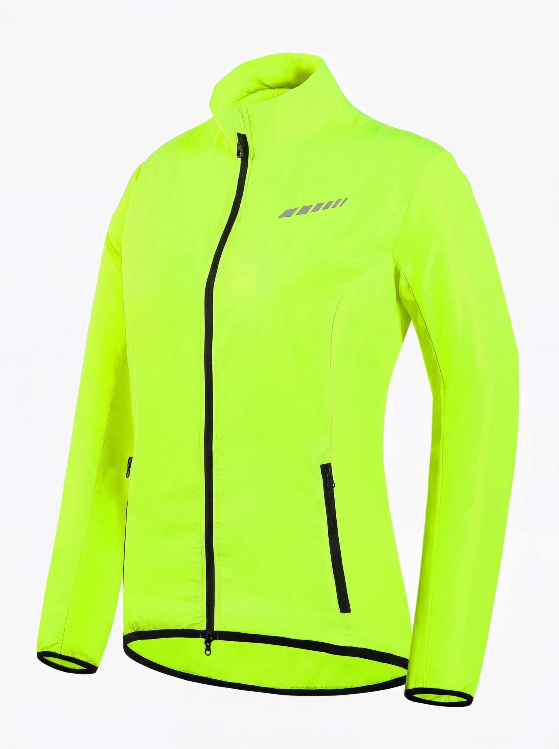 QUALICOS Women's Windproof Cycling Long Sleeve Jacket yellow front view with full zip, stand collar and reflective chest detail