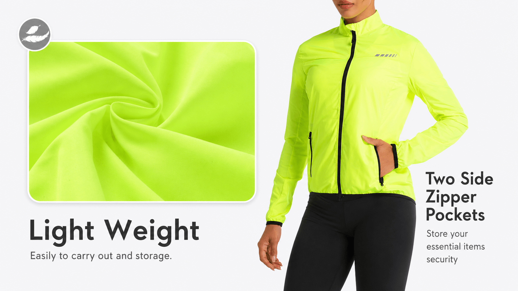 QUALICOS Women's Windproof Cycling Long Sleeve Jacket yellow lightweight fabric with two side zipper pockets