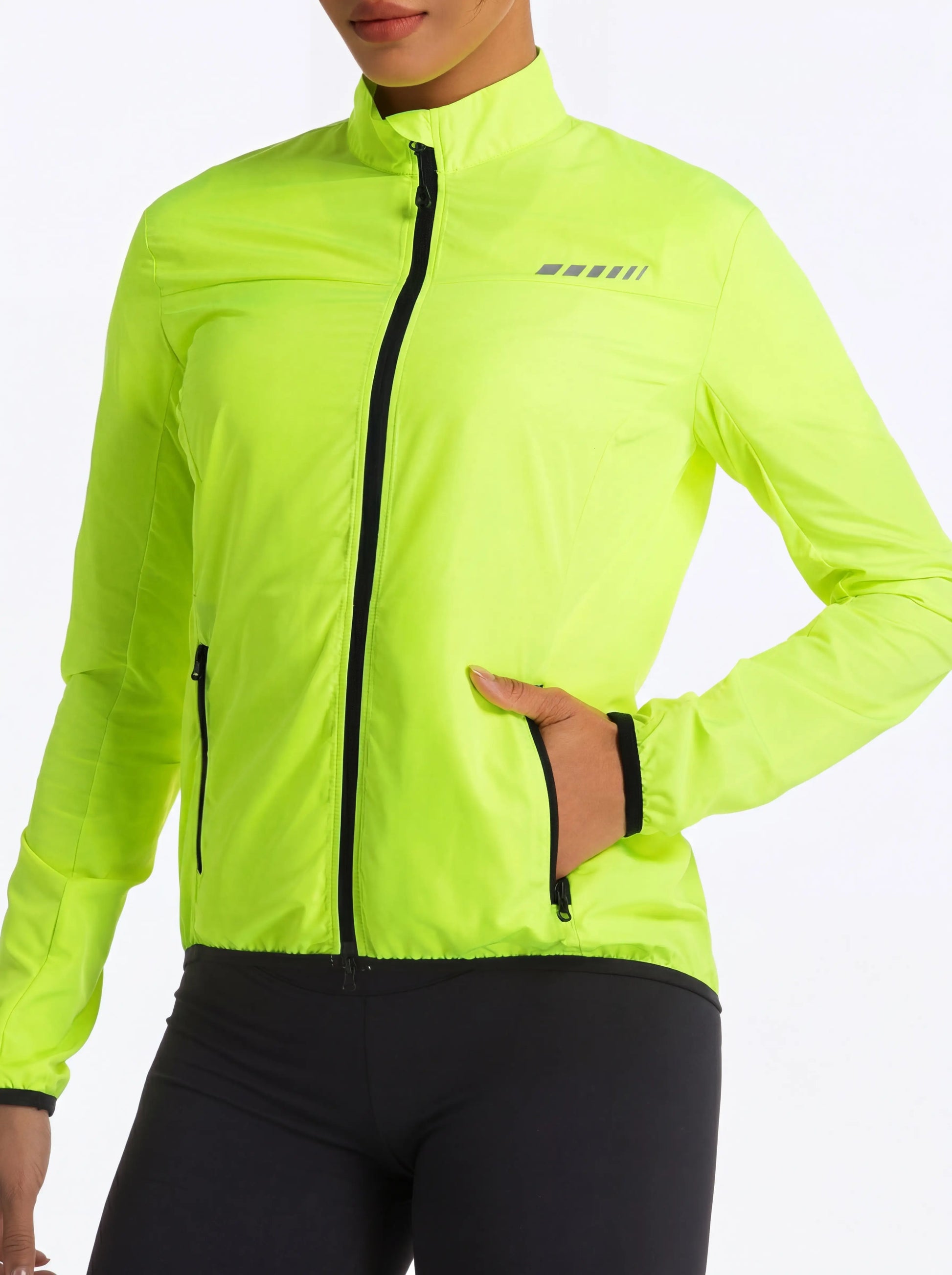 QUALICOS Women's Windproof Cycling Long Sleeve Jacket yellow full-zip jacket with side zipper pocket and reflective chest detail