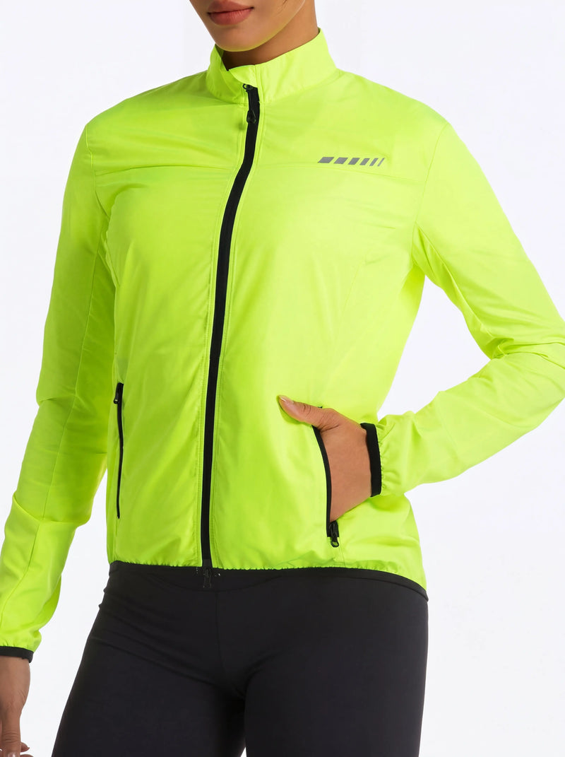 QUALICOS Women's Windproof Cycling Long Sleeve Jacket yellow full-zip jacket with side zipper pocket and reflective chest detail