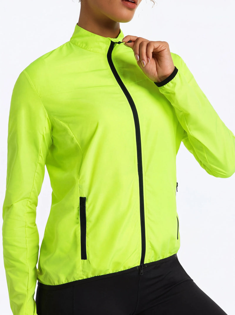 QUALICOS Women's Windproof Cycling Long Sleeve Jacket yellow full-zip jacket with stand collar and side zipper pockets