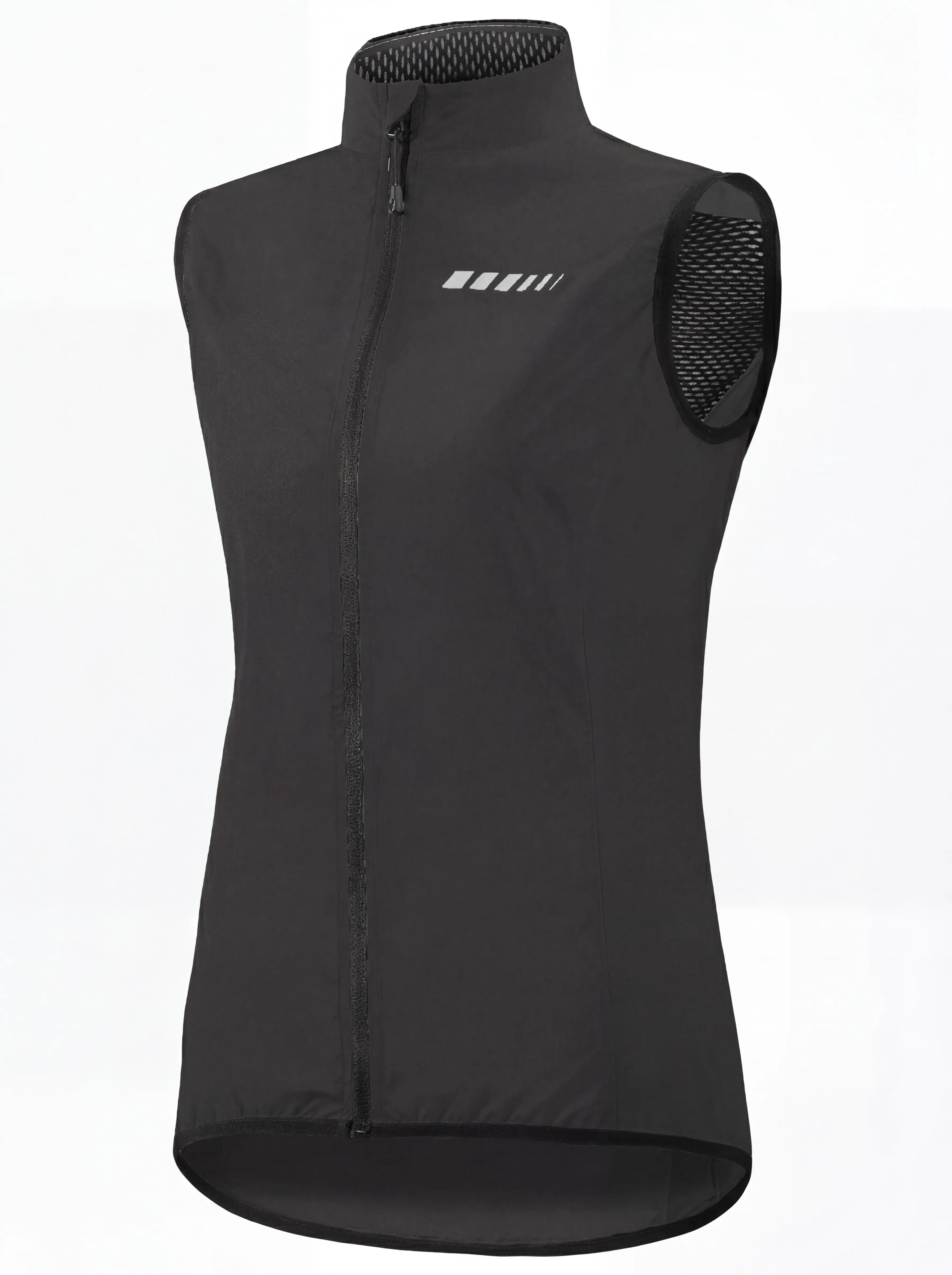 QUALICOS Women's Windproof Cycling Vest with Pocket black angled view, full zipper and breathable mesh panels